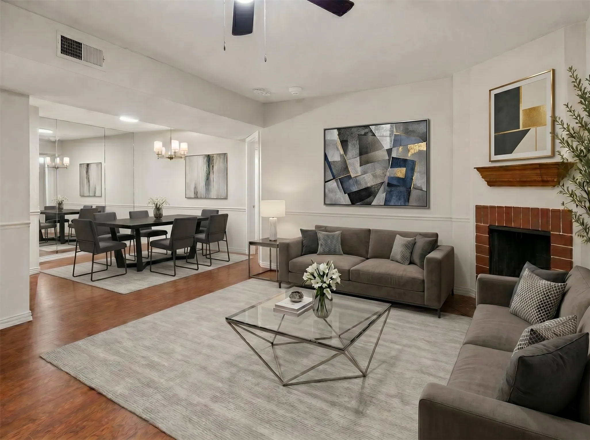 Virtually staged open Dining and Living area