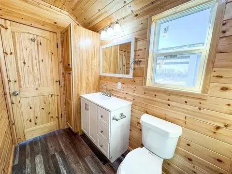 Bathroom featuring wood-finish paneling, a white vanity with integrated sink, a built-in storage cabinet, and a window with white trim