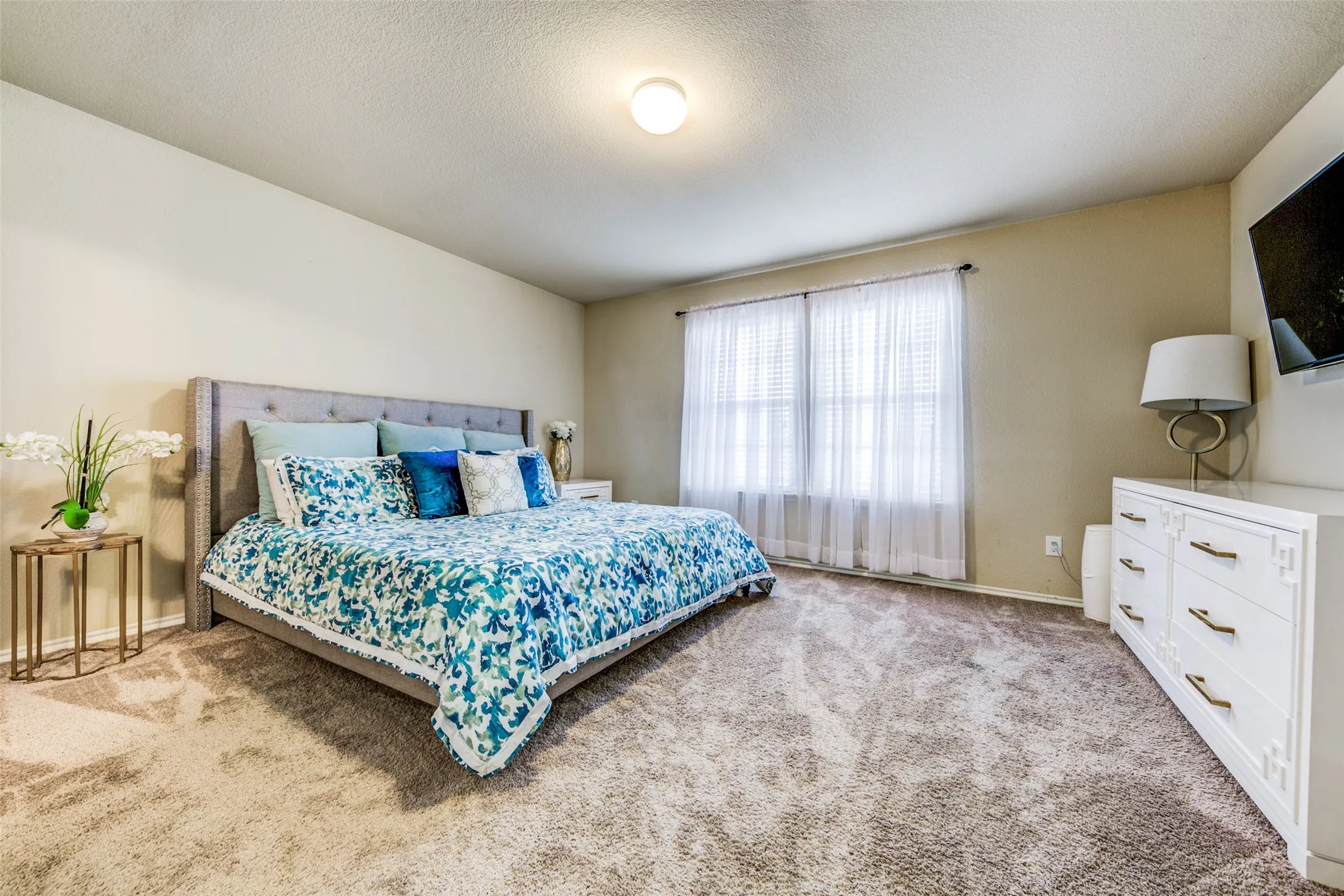 Spacious room featuring plush carpet flooring, light neutral wall tones, and a large window with white blinds and sheer curtains