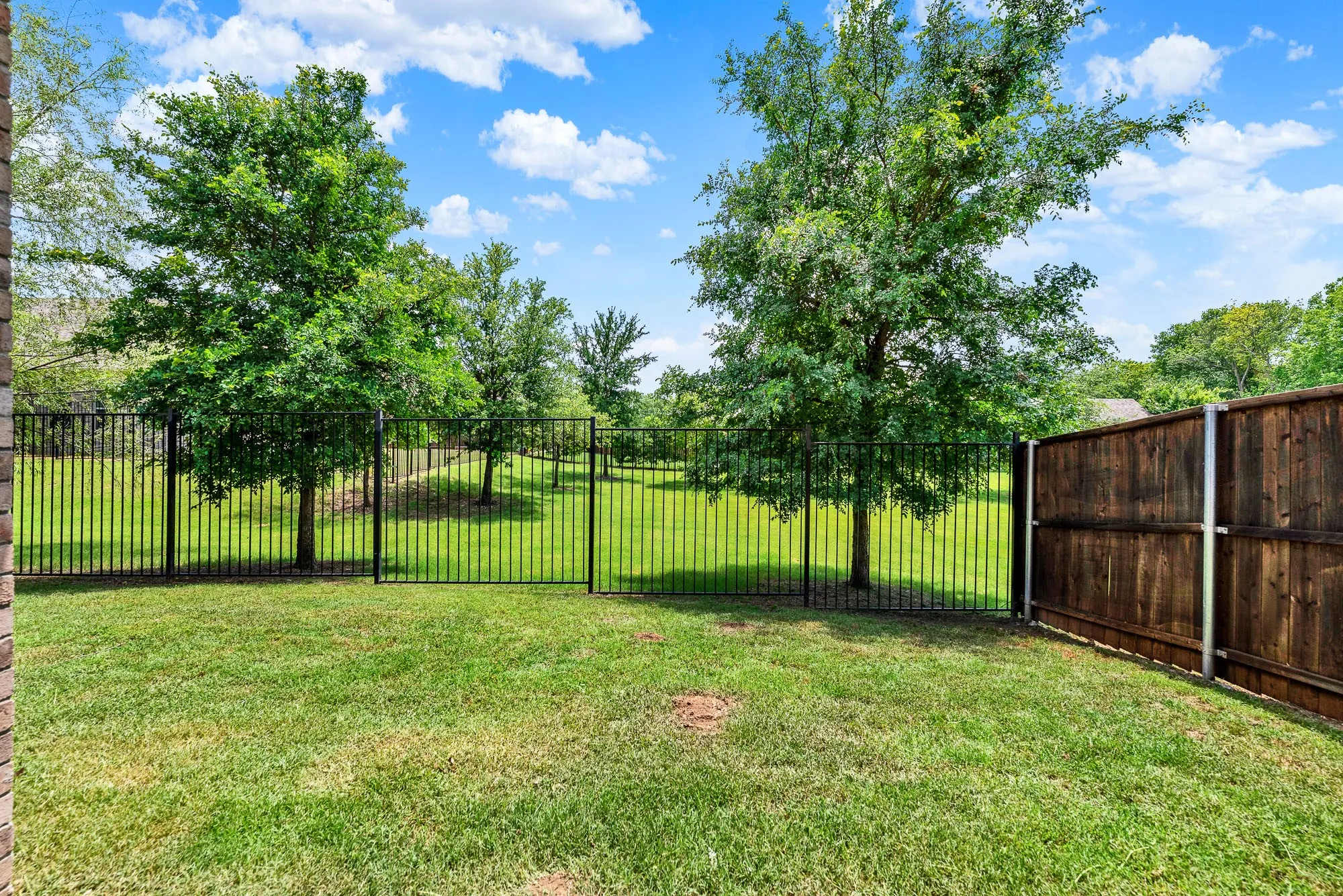 The transition from a solid privacy fence to an open-air barrier beautifully defines the property's boundary without sacrificing the expansive park views. It feels like a private park extension, ideal for practicing yoga on the grass during a peaceful weekend morning.
