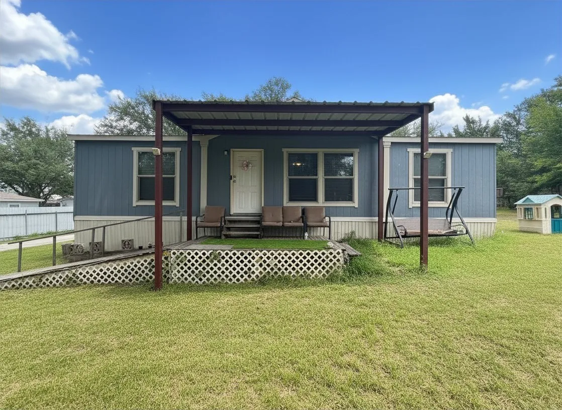 Light blue siding exterior with white trim details