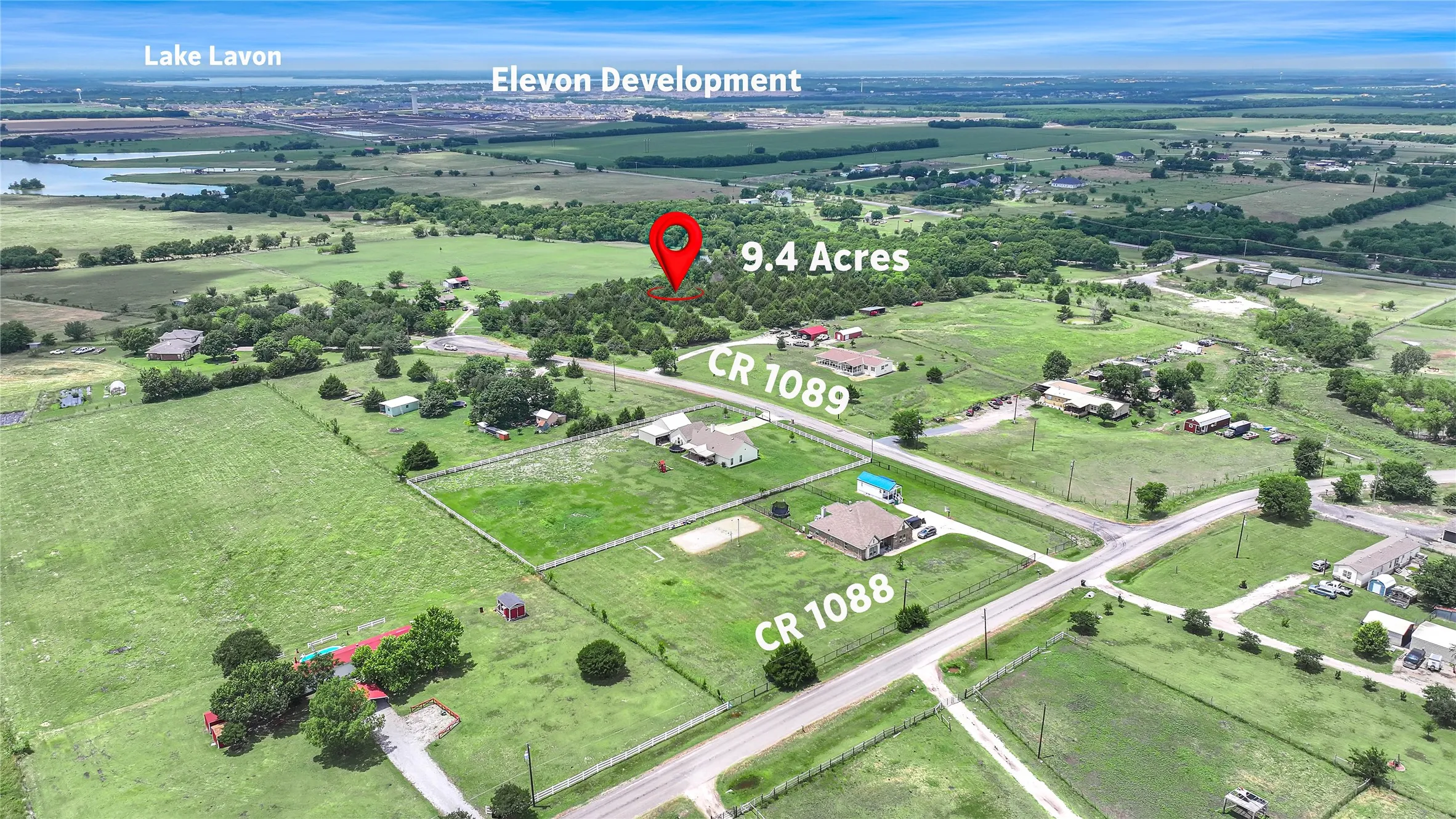 Aerial perspective showcasing a 9.4-acre parcel of land, bordered by CR 1089 and CR 1088