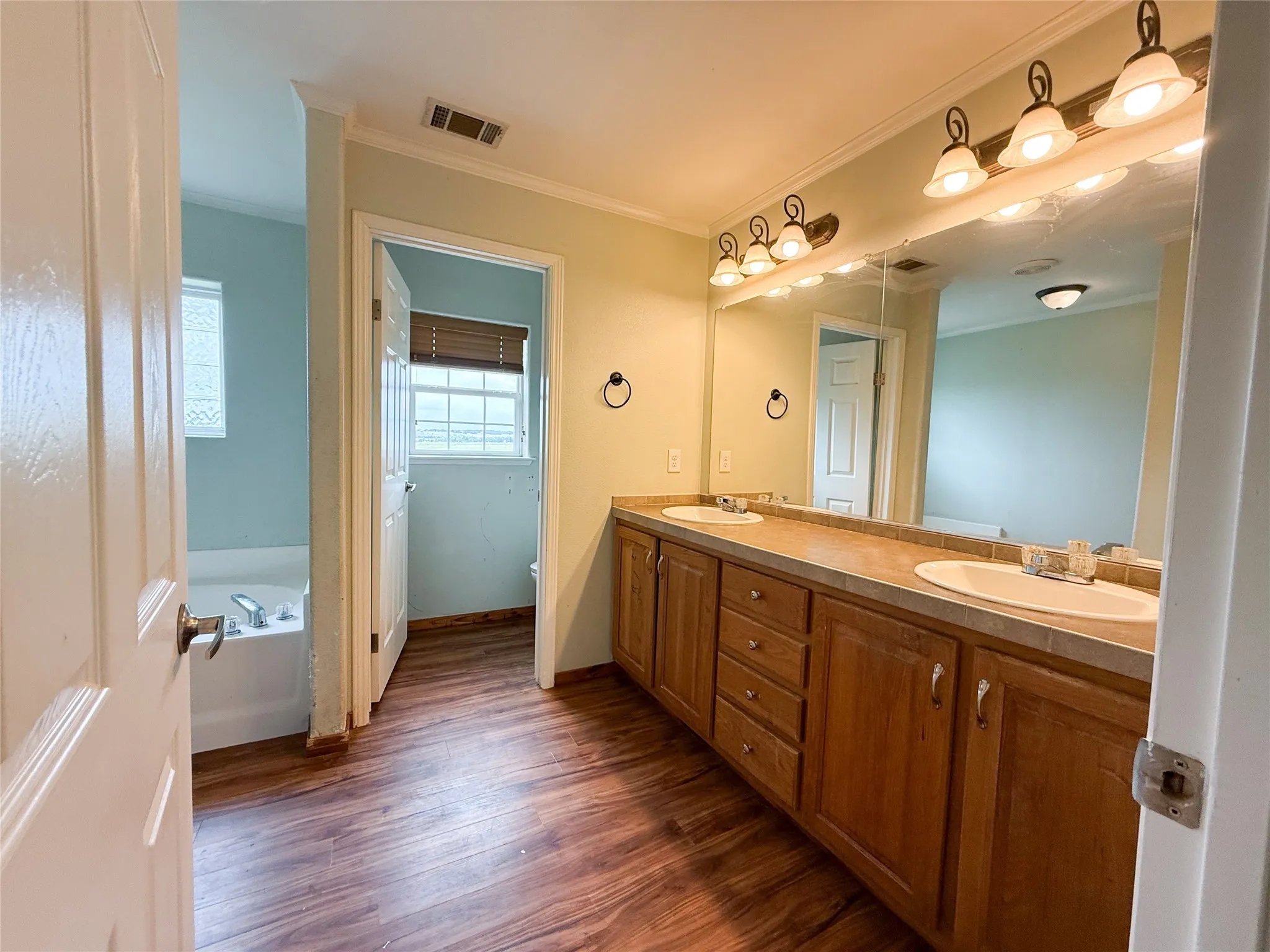 Bathroom featuring a long dual-sink vanity with wood-finish cabinetry and a spacious wall-mounted mirror