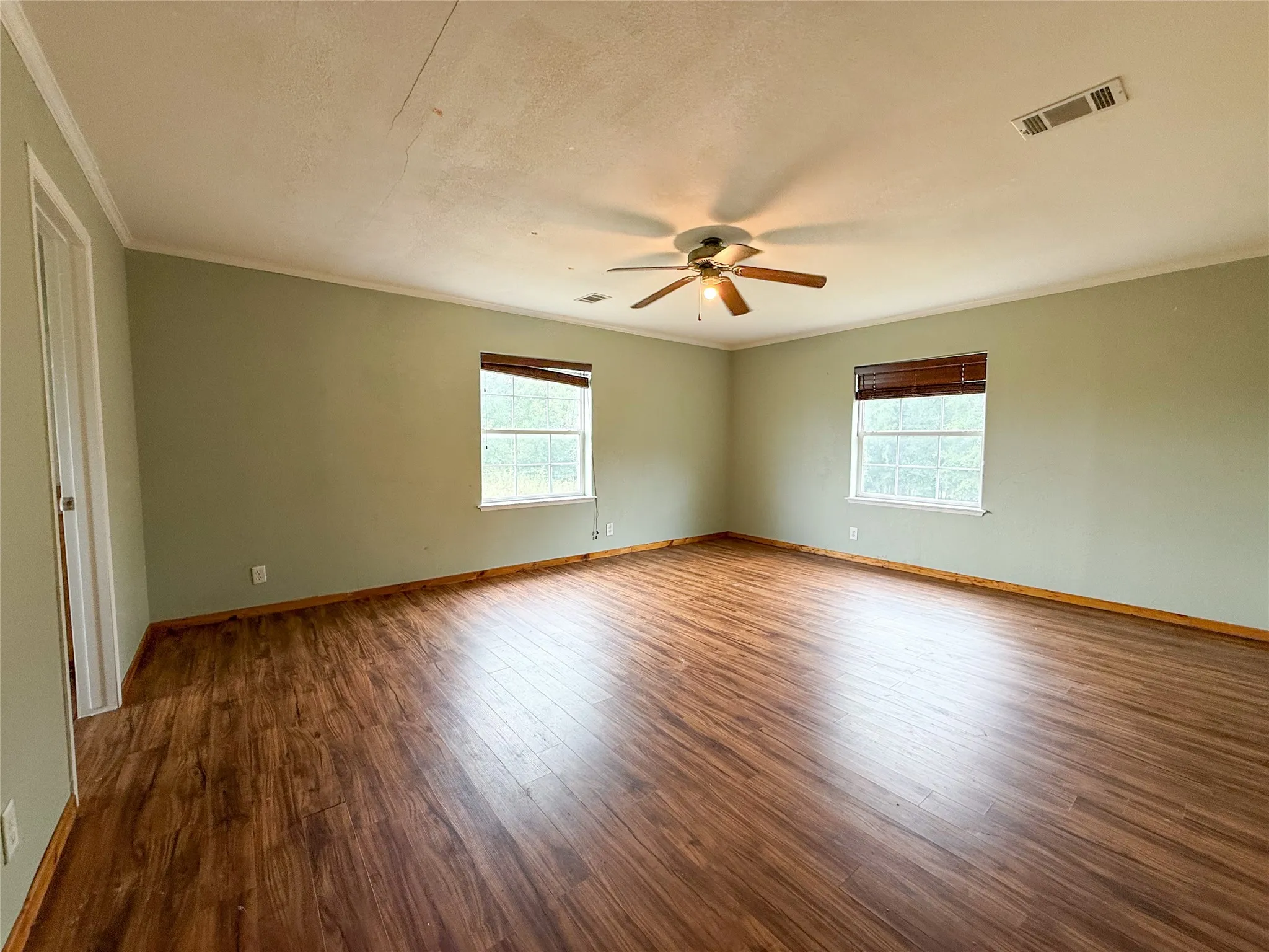 Spacious room featuring wood-finish flooring, light green walls, and white trim
