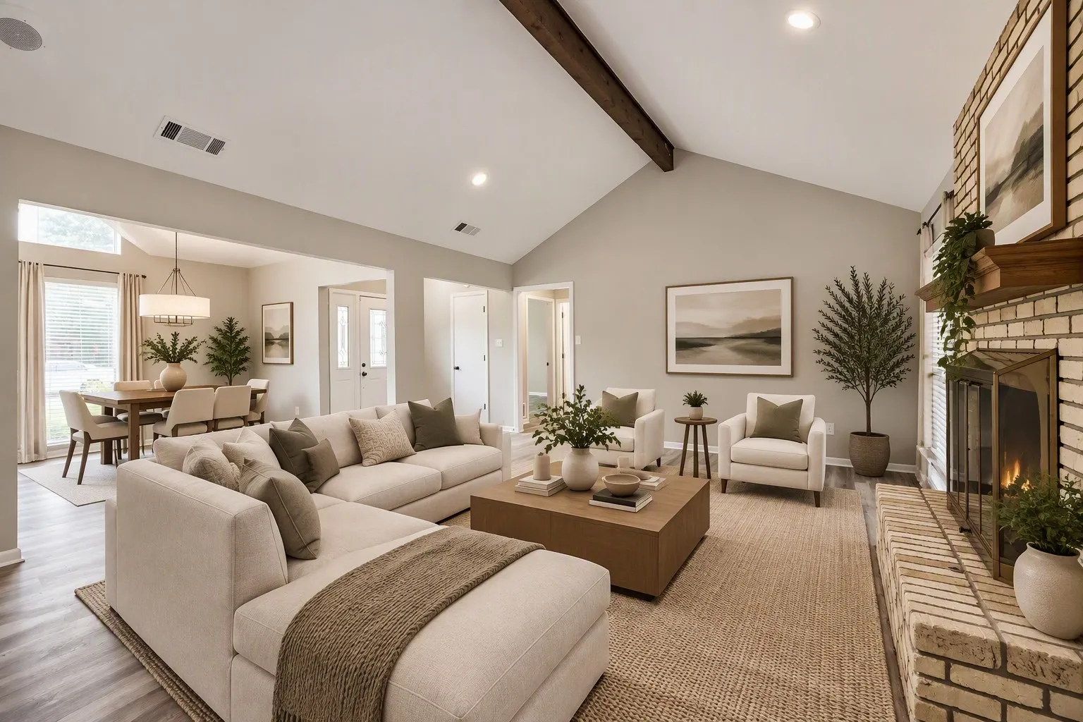 Vaulted ceiling with exposed wood beam, recessed lighting, and a brick fireplace