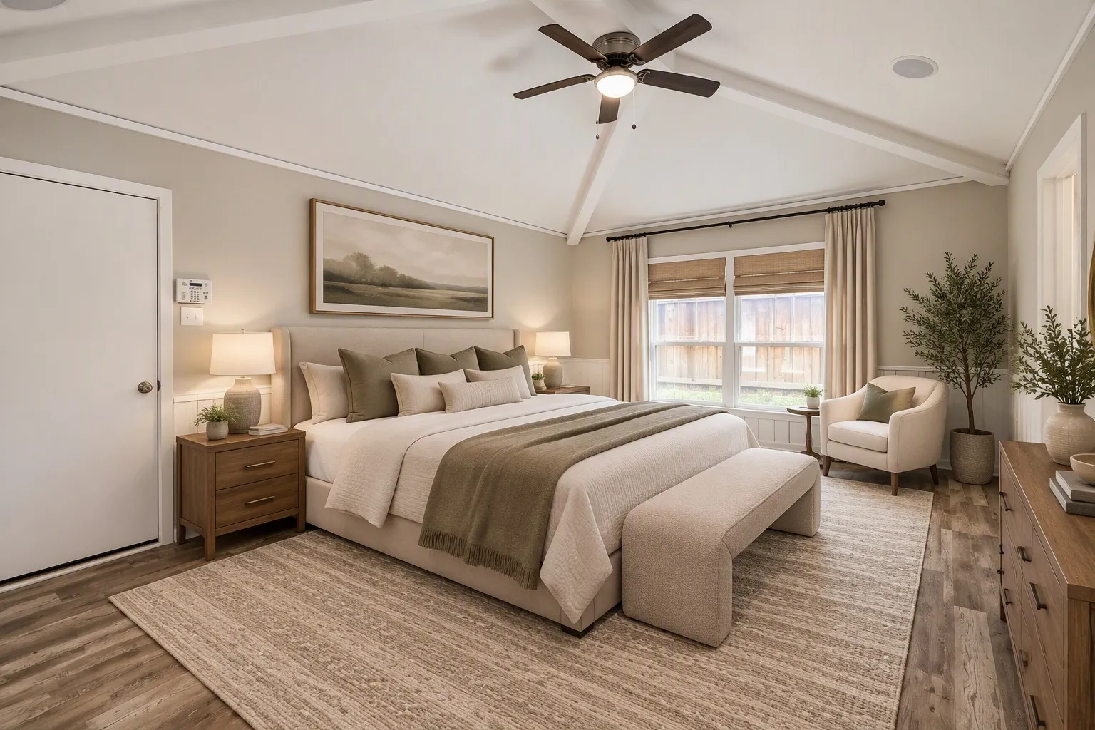 Vaulted ceiling with exposed beams, wood-finish flooring, ceiling fan with integrated lighting, window with blinds and drapes, and built-in ceiling speaker