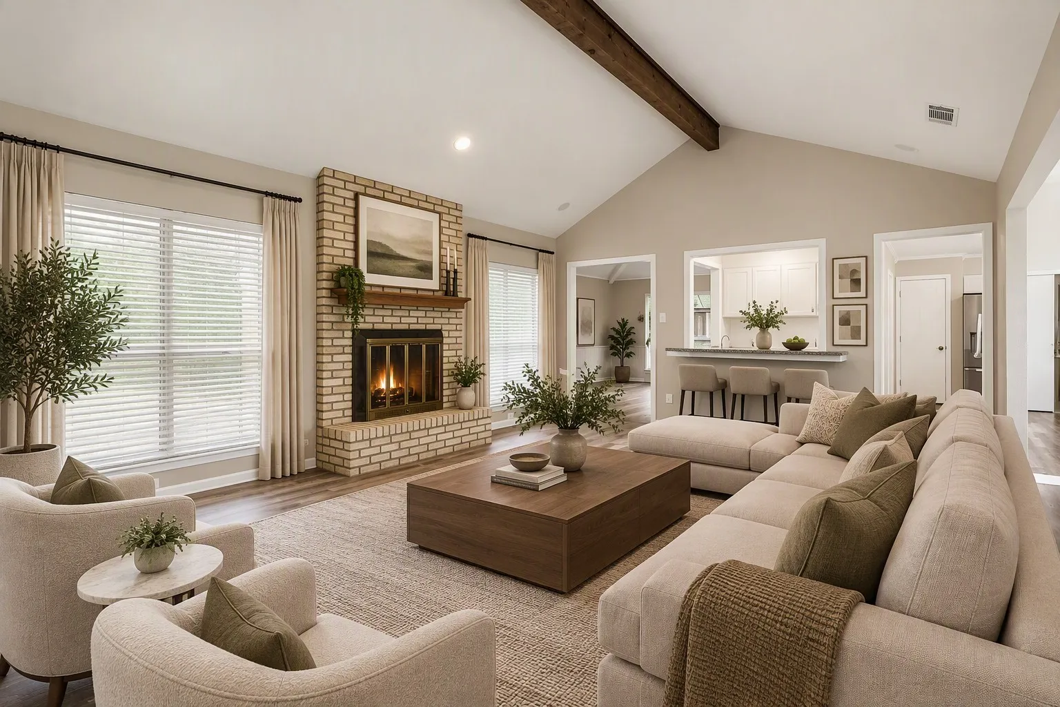Vaulted ceiling with exposed wood beam, brick fireplace with wood mantel, large windows with blinds, wood-finish flooring, and a pass-through opening to an adjacent room