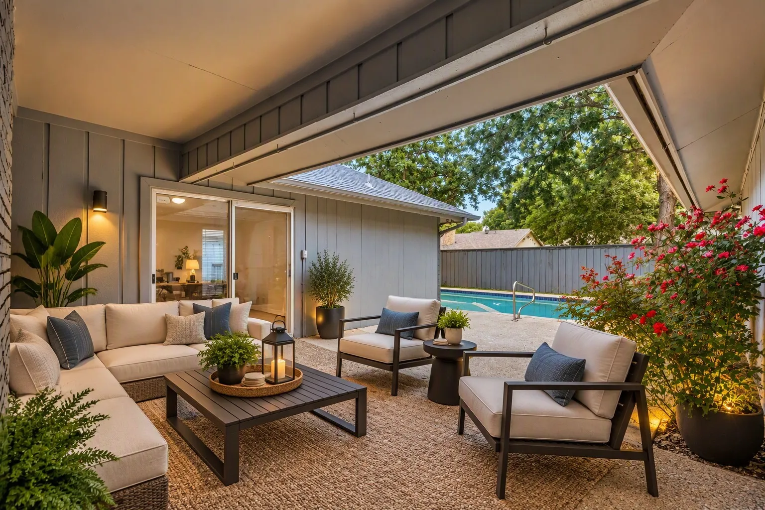 Covered patio area with direct pool access, sliding glass door entry, and integrated exterior lighting
