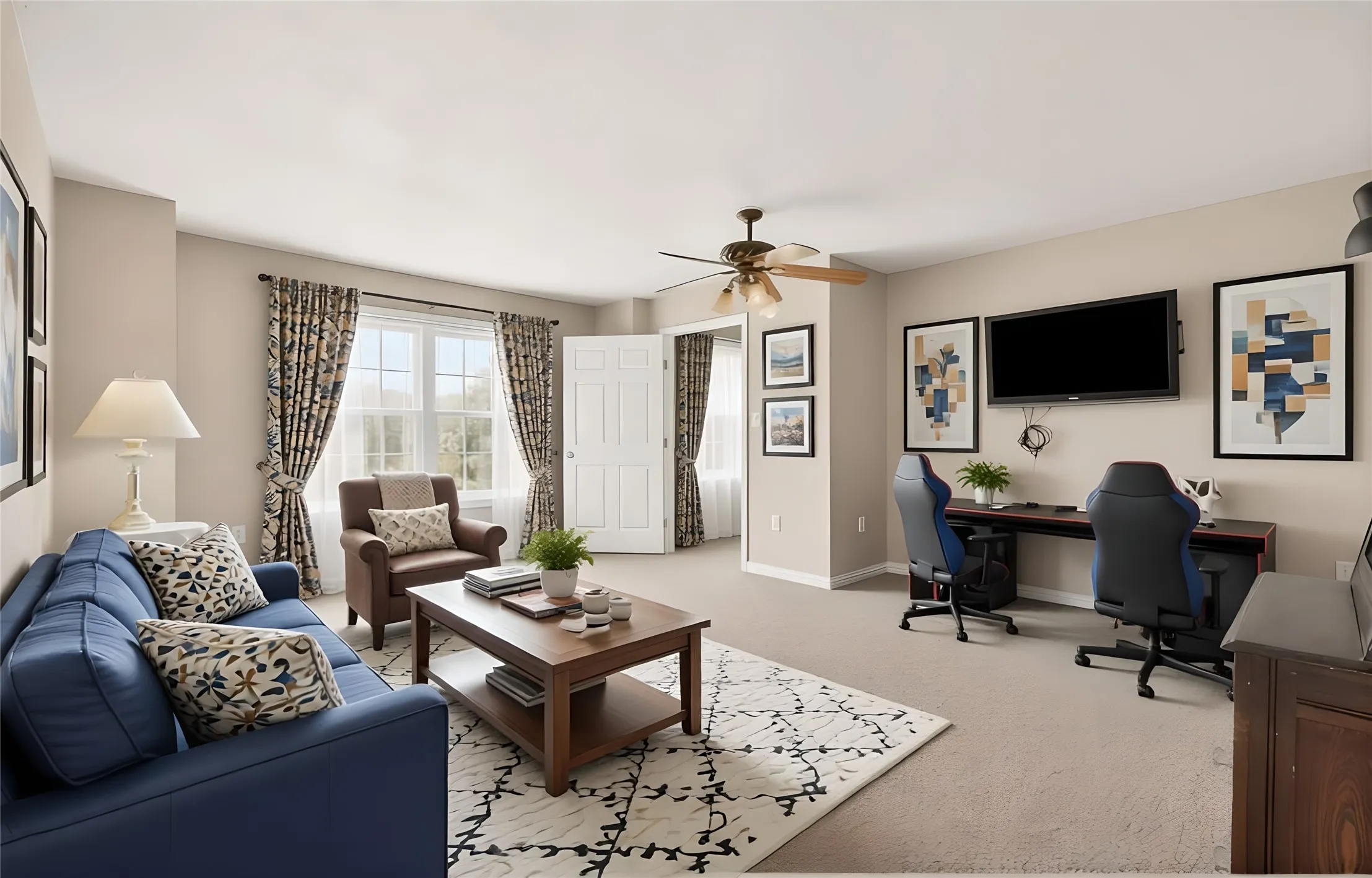 Second floor bonus room virtually staged as a living space.