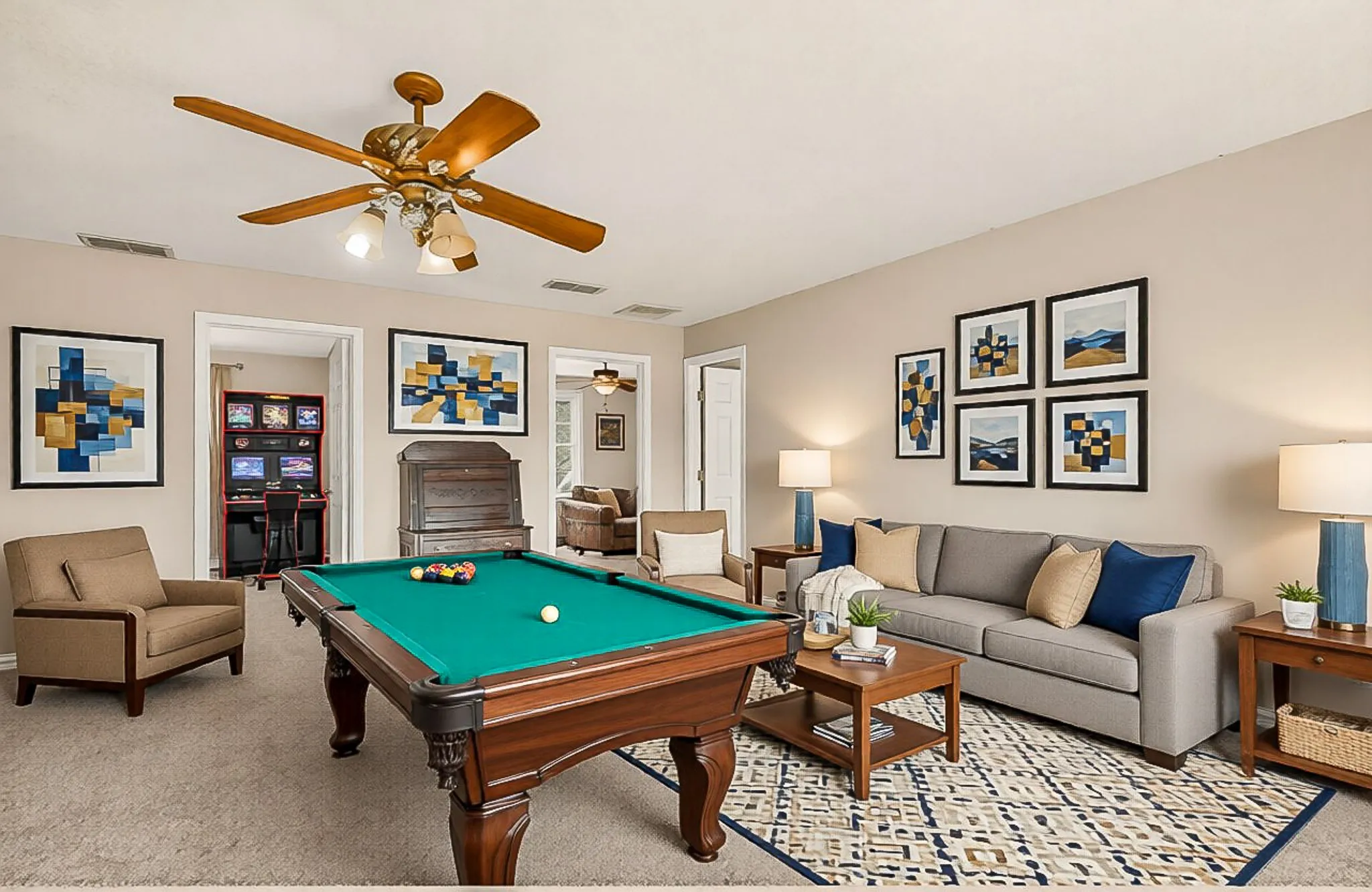 Second floor bonus room virtually staged as a game room.