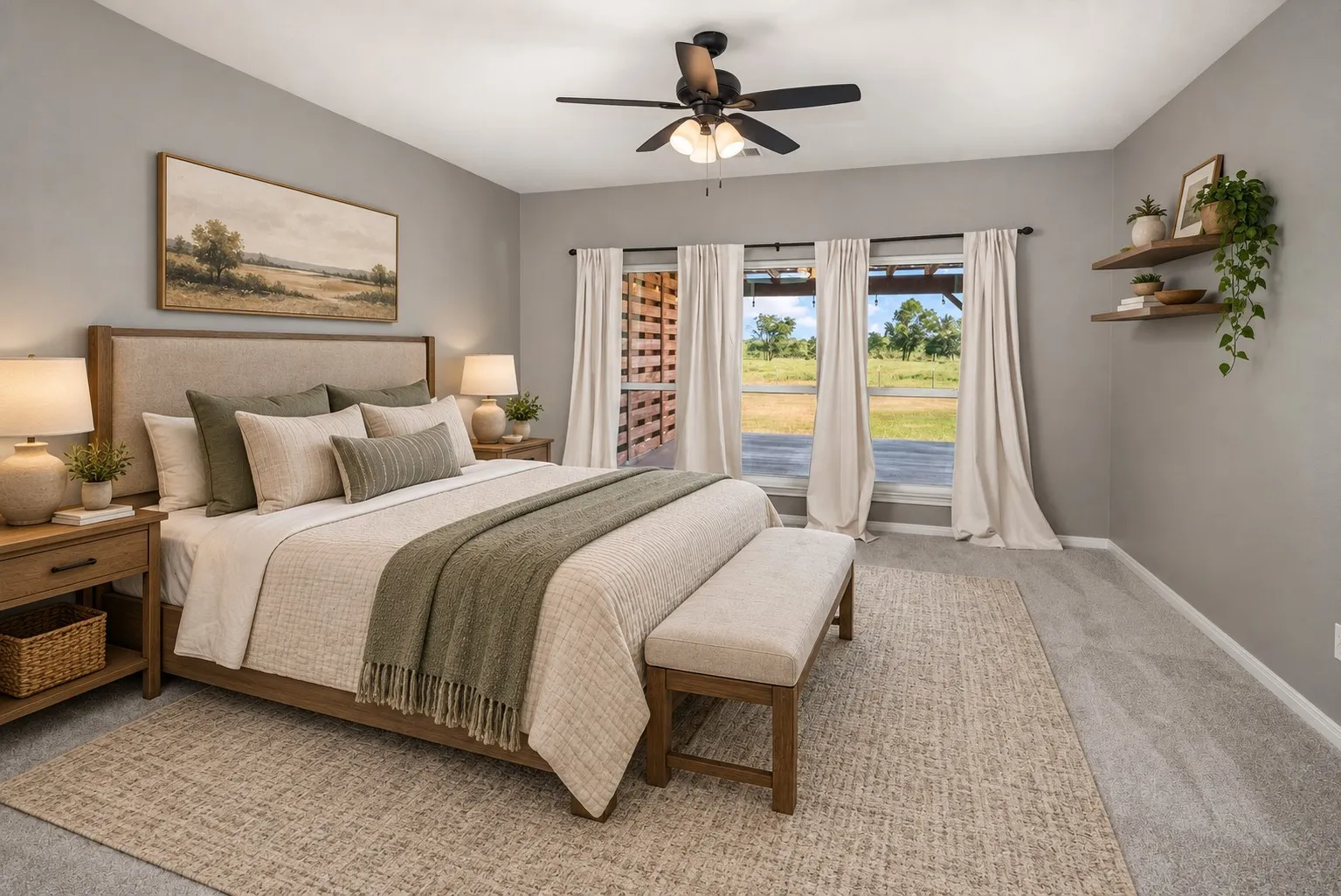 Neutral gray walls, light gray carpeting, ceiling fan with integrated lighting, wood-finish bed frame with upholstered headboard, and dual windows