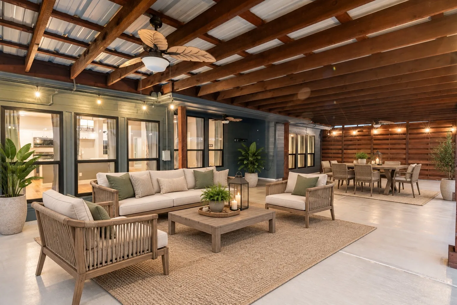 Expansive covered patio featuring a wood beam ceiling with a metal roof, ceiling fan, and multiple large windows