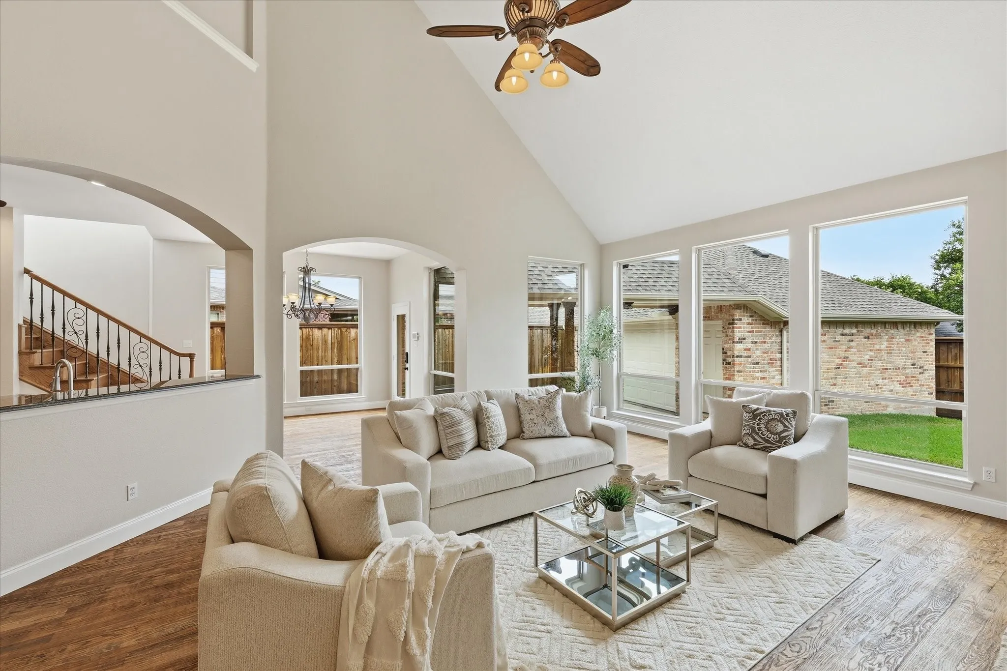 Family Room has large picture windows and soaring 30 ft ceilings.