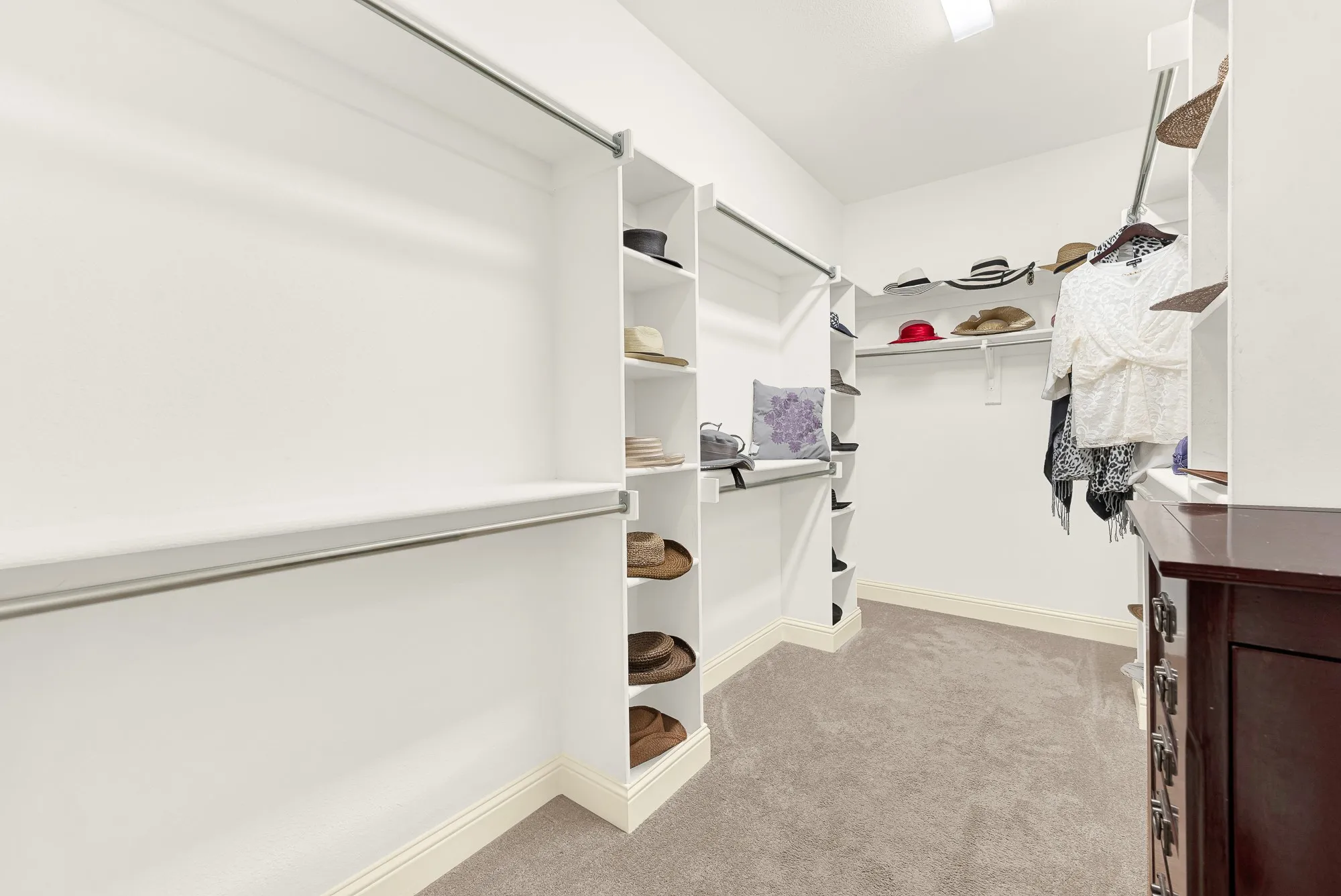 Expansive walk-in closet featuring white built-in shelving, integrated hanging rods, a carpeted floor, and white baseboards