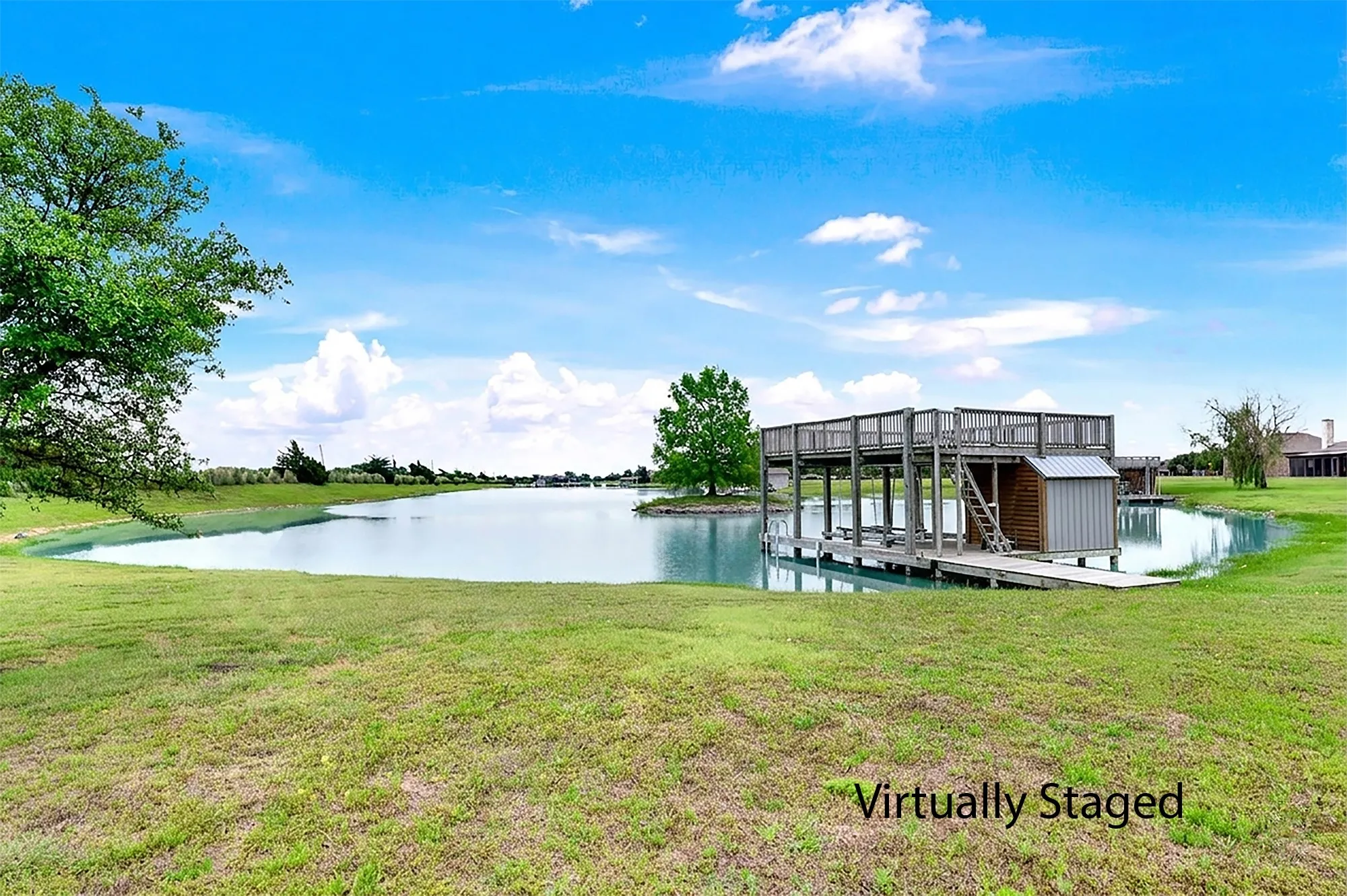 Yes, you can build a beautiful dock to entertain in a Expansive waterfront Lake with lots of features a second-story deck, an integrated storage shed, and direct water access.  Party time!  Dock is Virtually Added.