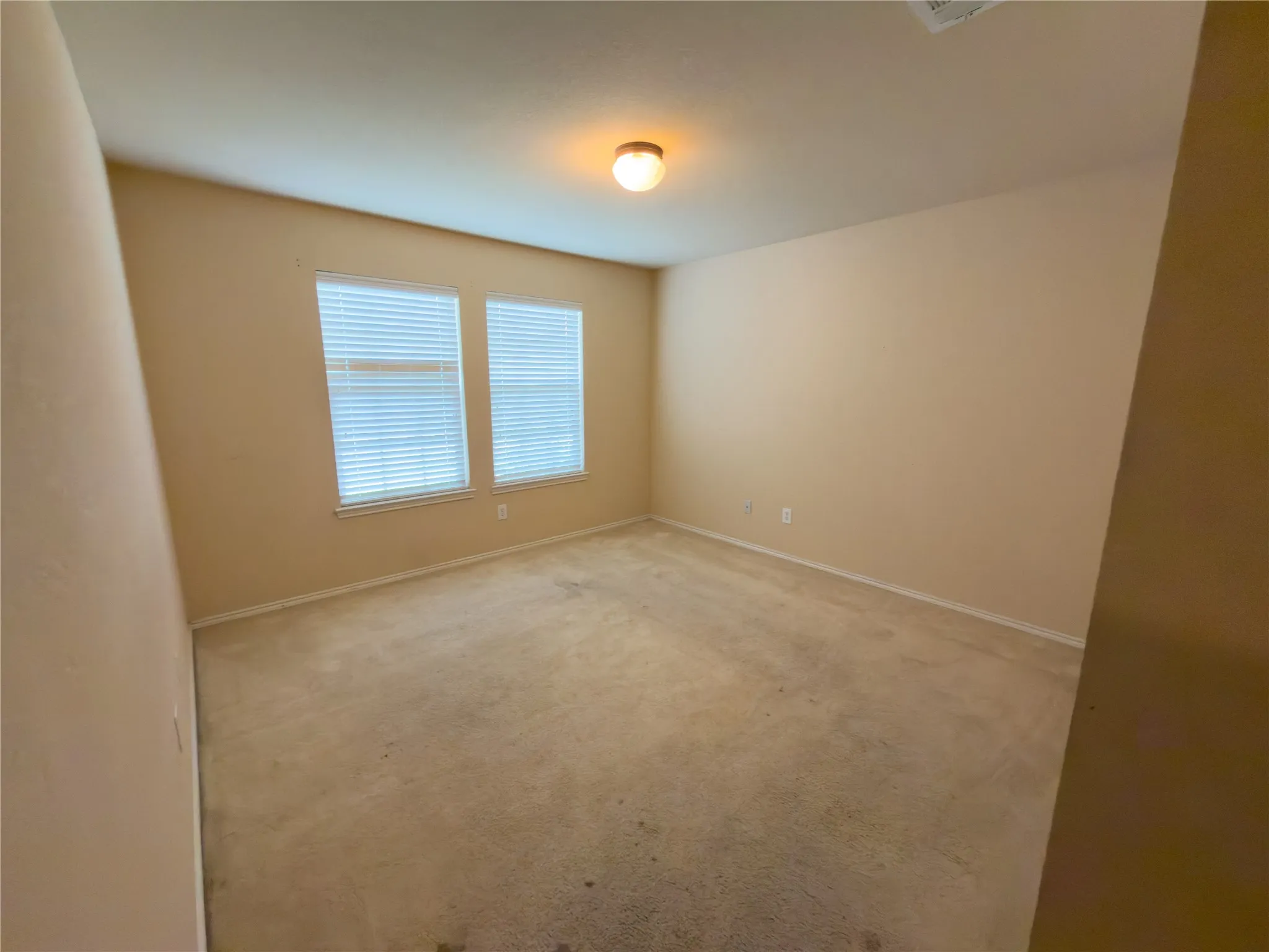 Neutral-toned walls complement the light-colored carpeting