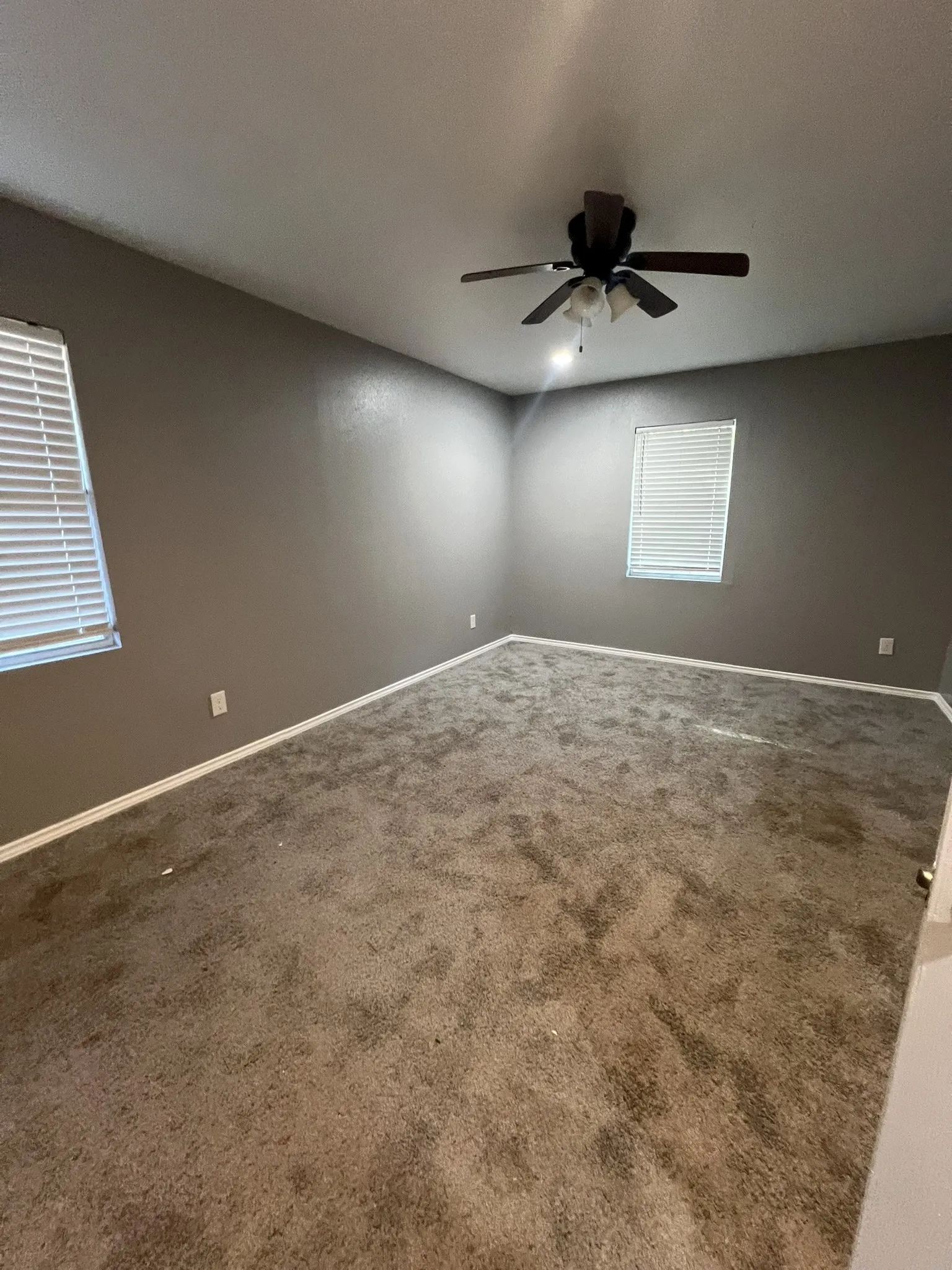 Spacious room featuring neutral-toned carpeting, ample natural light from two windows with blinds, a ceiling fan with integrated lighting, and painted walls