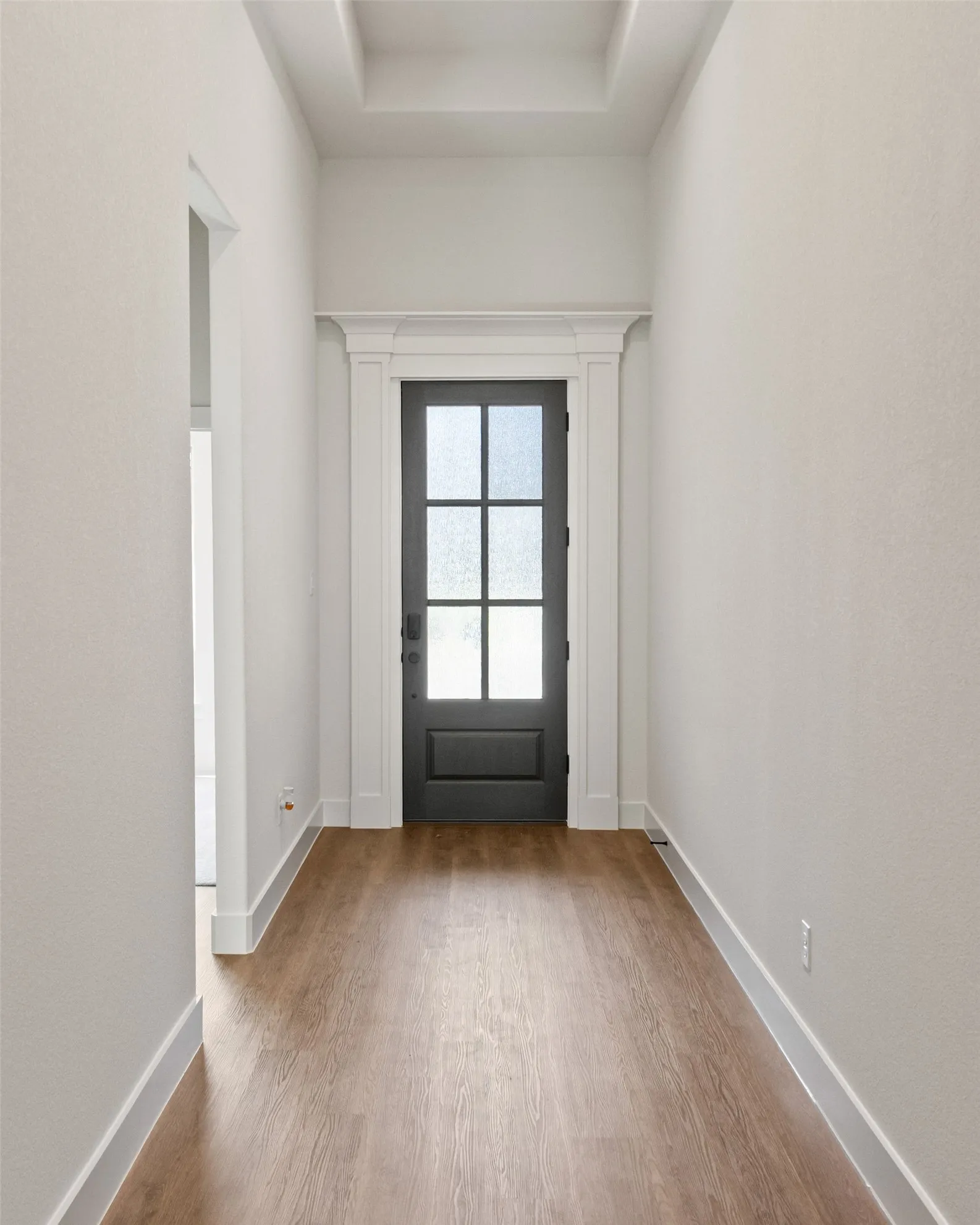Entryway featuring a dark paneled door with glass inserts, detailed white trim, and wood-finish flooring