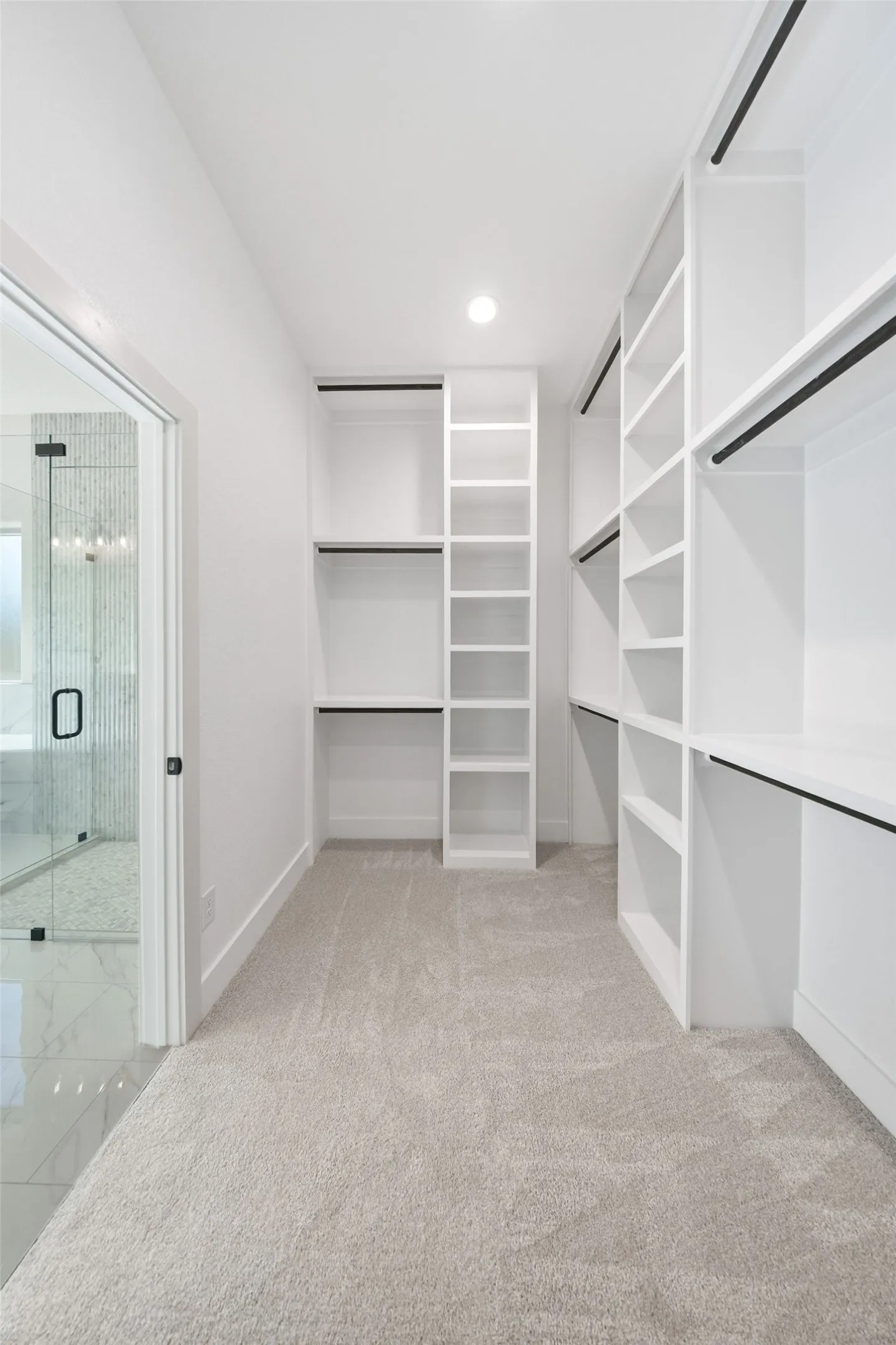 Walk-in closet featuring light grey carpeting and extensive built-in white shelving