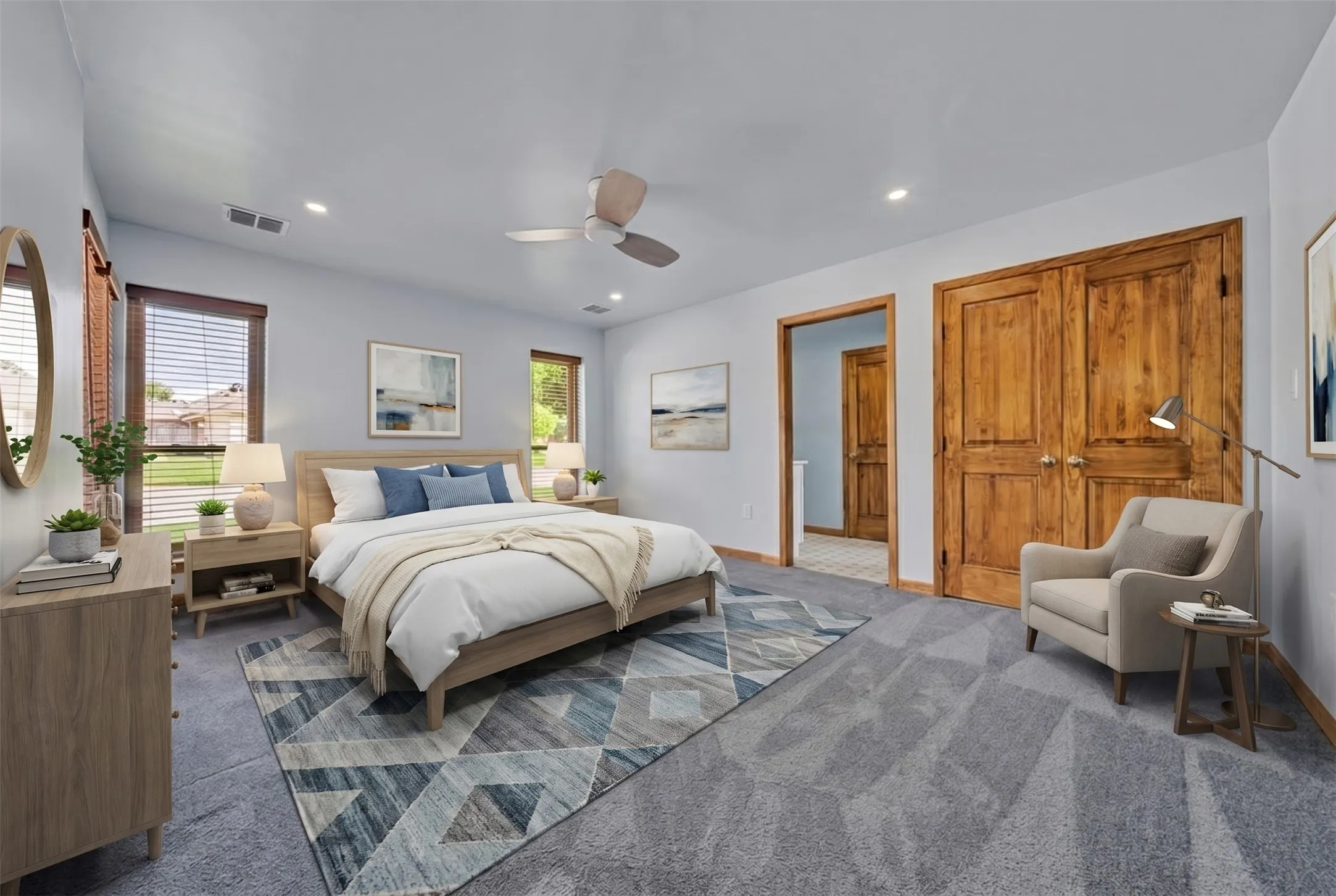 Virtually Staged. Oversized bedroom ensuite has three closets.
