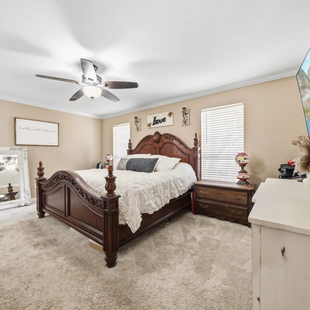 Carpeted room featuring a ceiling fan with integrated lighting, crown molding, and two windows with blinds