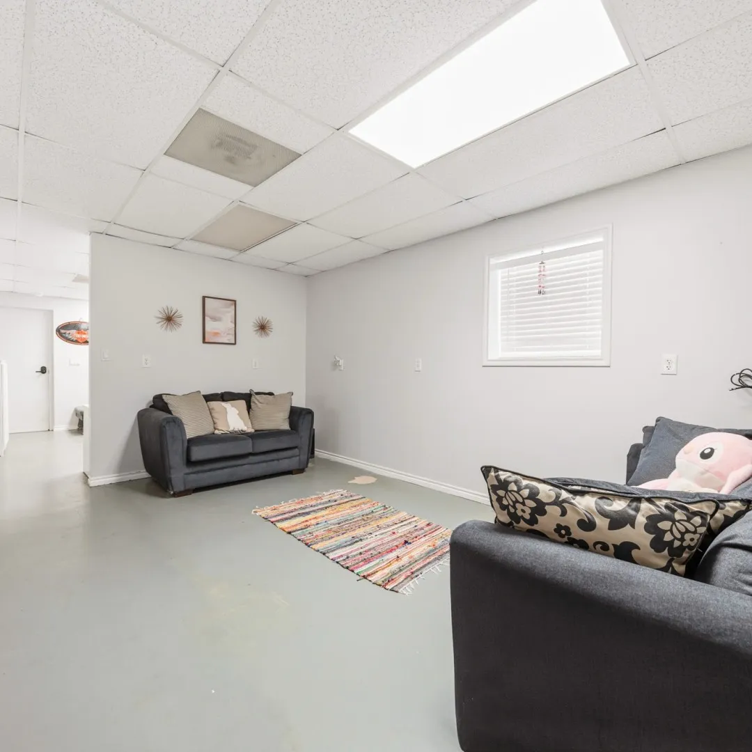 Spacious room with light gray walls, drop ceiling, and a single window with white blinds