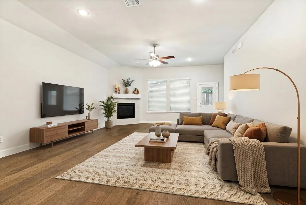 Large Open Living area. This room has been virtually staged