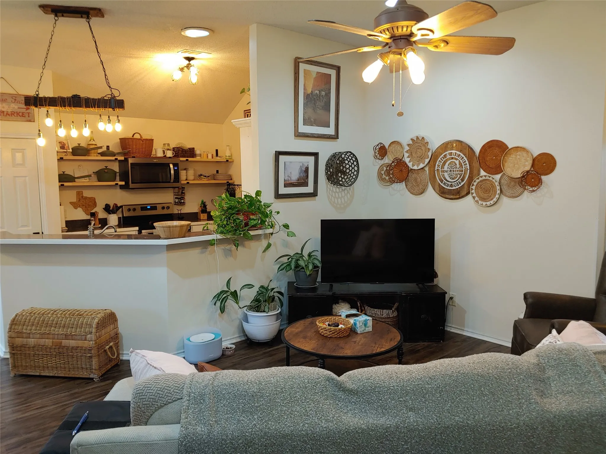 Open-concept living space with wood-finish flooring