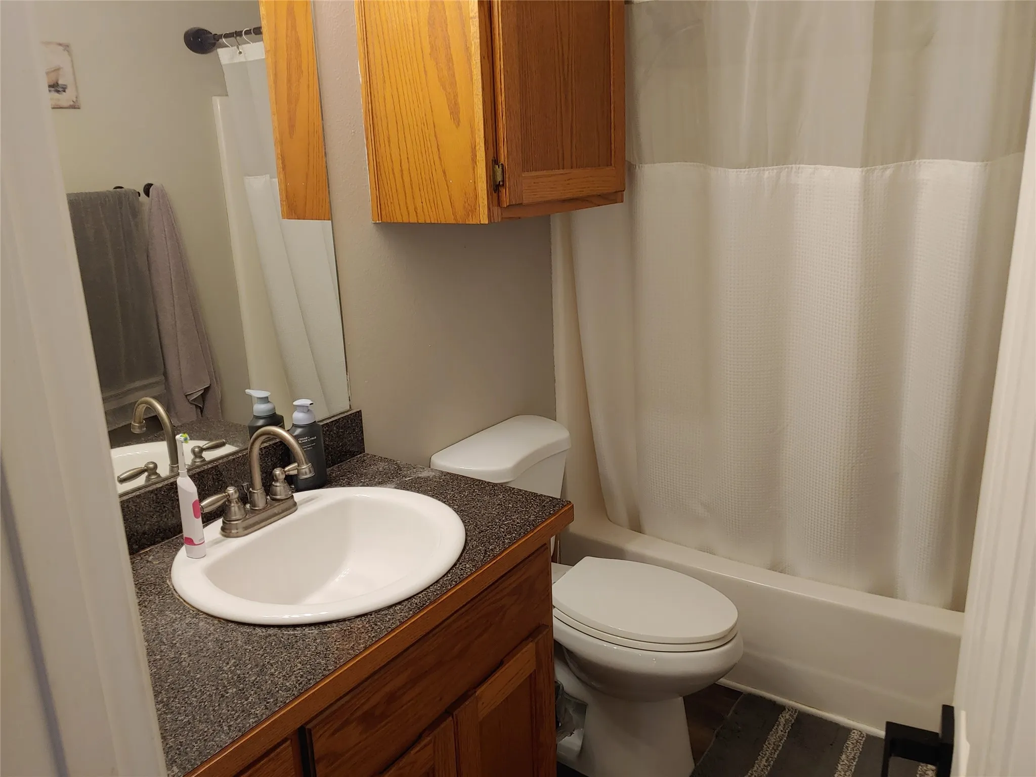 Bathroom featuring a vanity with a white oval sink, brushed nickel faucet, and a dark speckled countertop