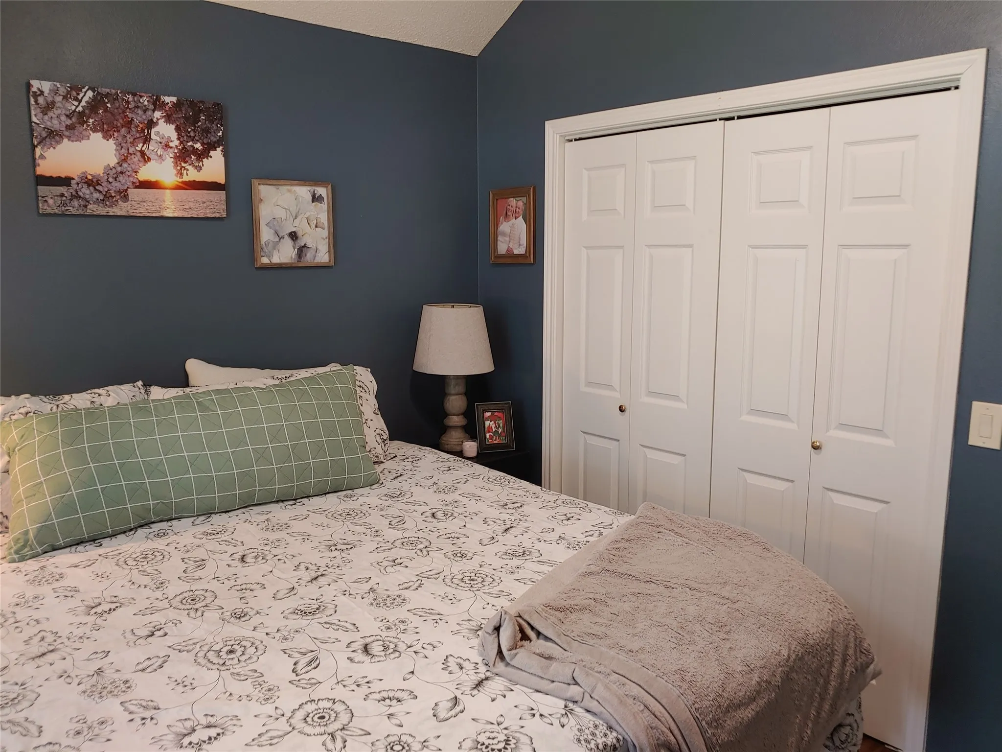 Room featuring a vaulted ceiling, deep blue wall paint, and white bi-fold closet doors