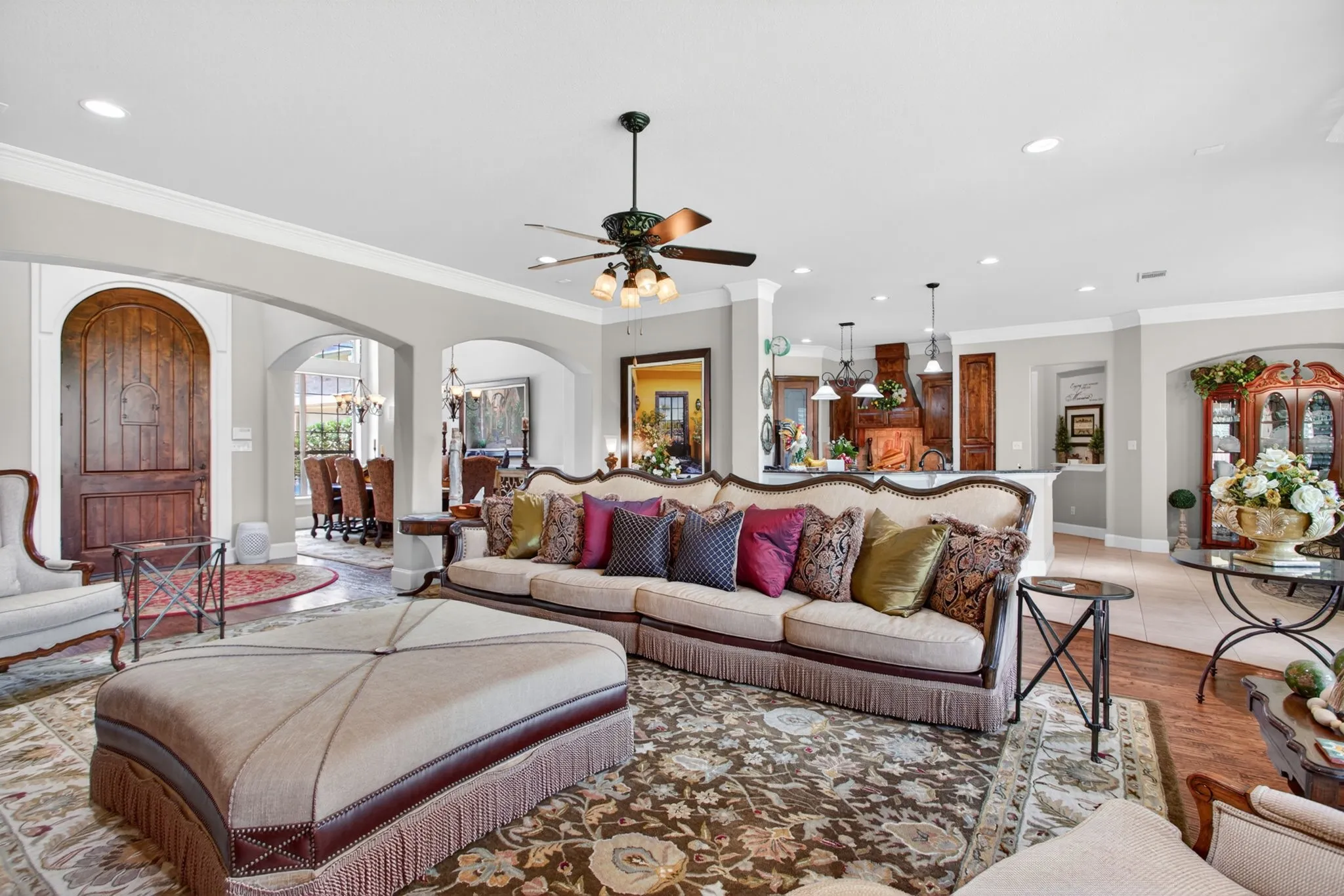 Open concept living space is open to the dining room, kitchen, and breakfast nook.