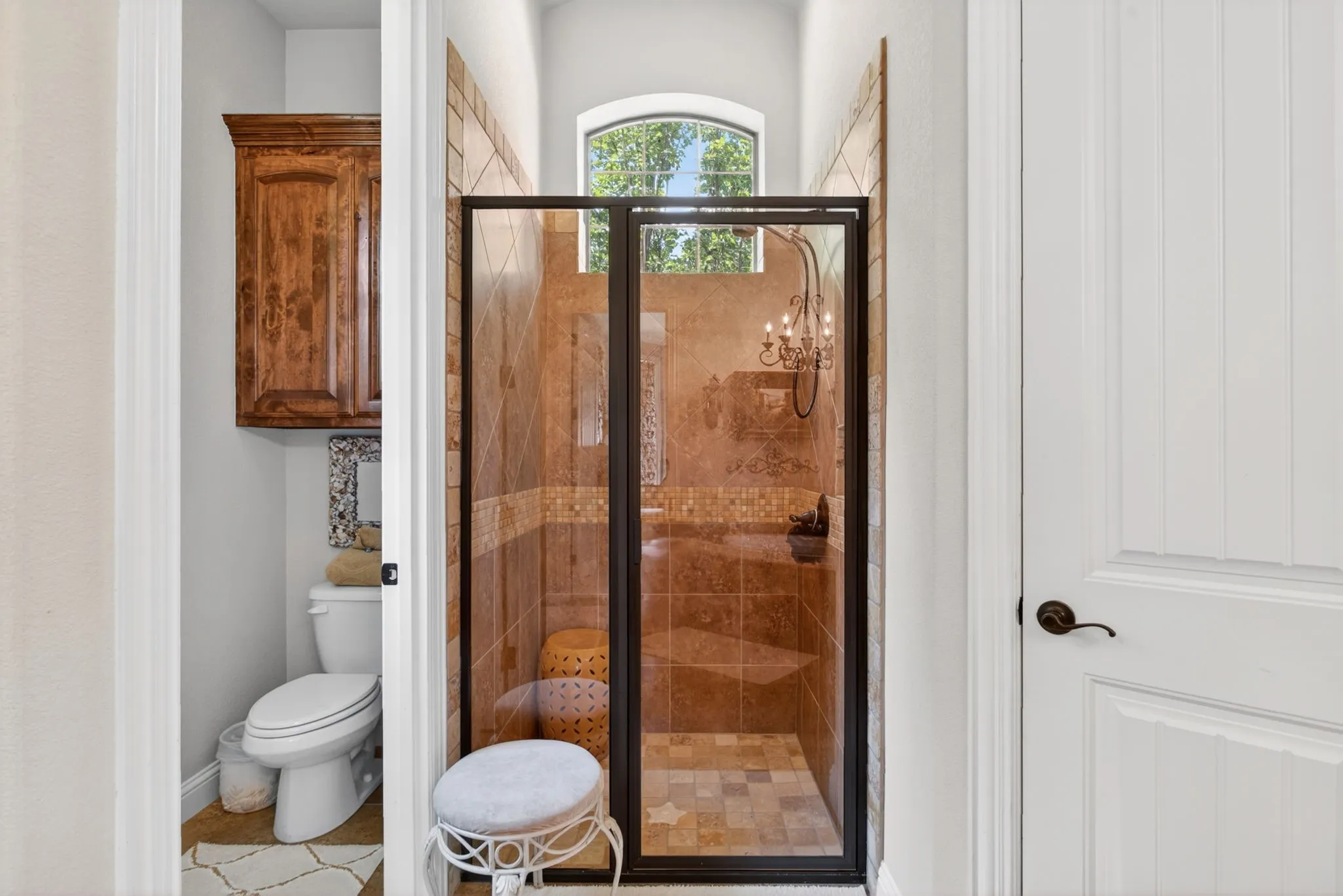 Shower and water closet in the second downstairs primary suite.