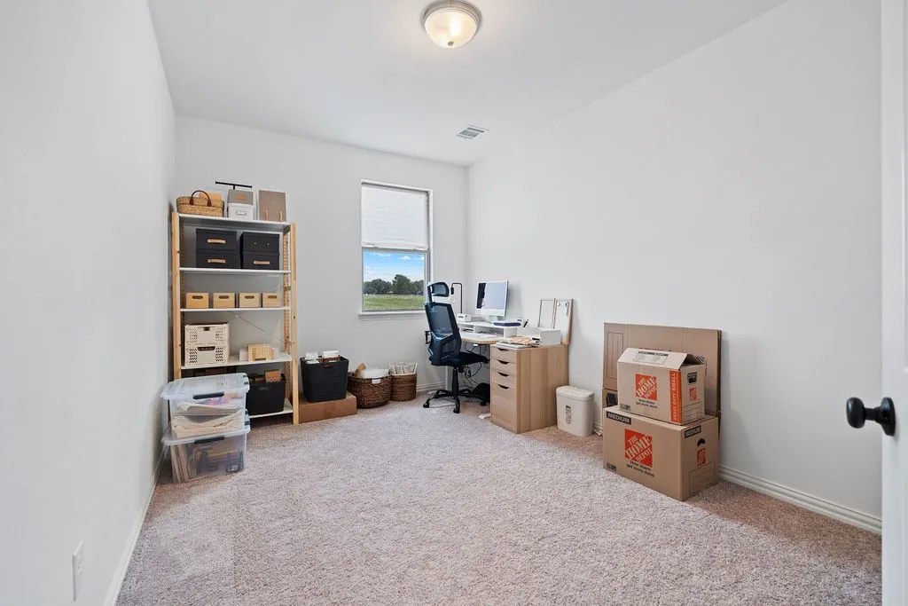Carpeted room with a single window and white walls