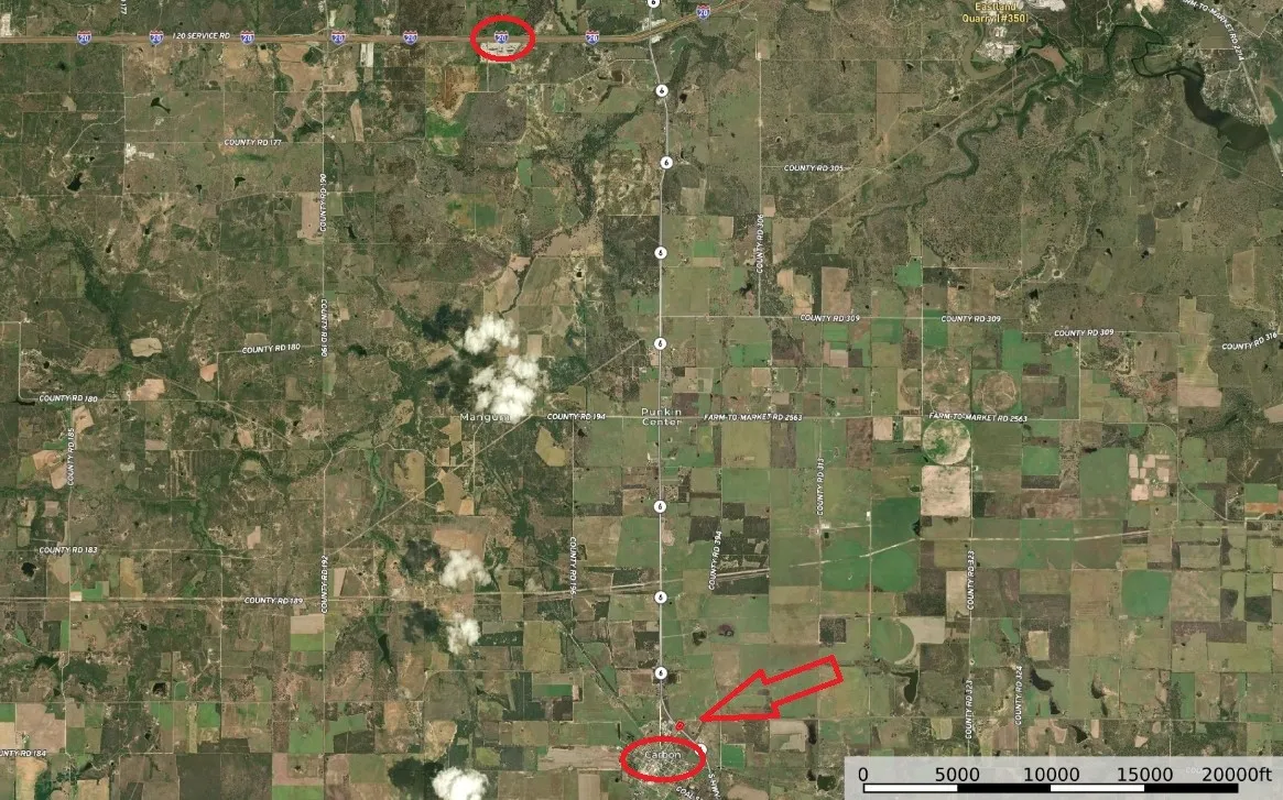 Aerial Map. Displaying geographical features and marked areas of interest within the property's vicinity
