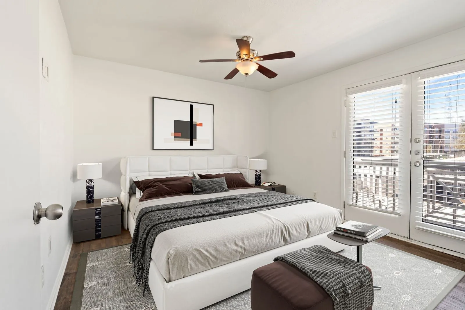 This is a virtually staged photo showing guest bedroom with king size bedroom furniture. Decide how you will use this space for guest bedroom, office area, hobby, library or music.