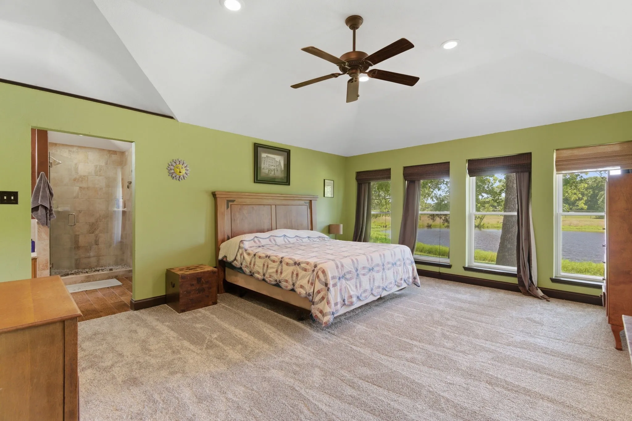 Primary bedroom overlooking the back pond.