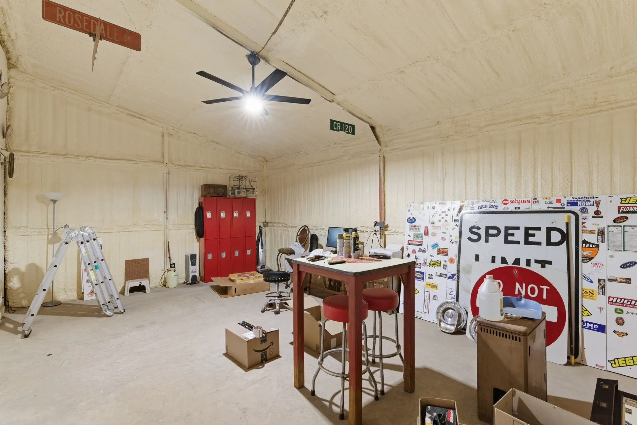 Shop is insulated, electric 220 outlet and foam insulation.