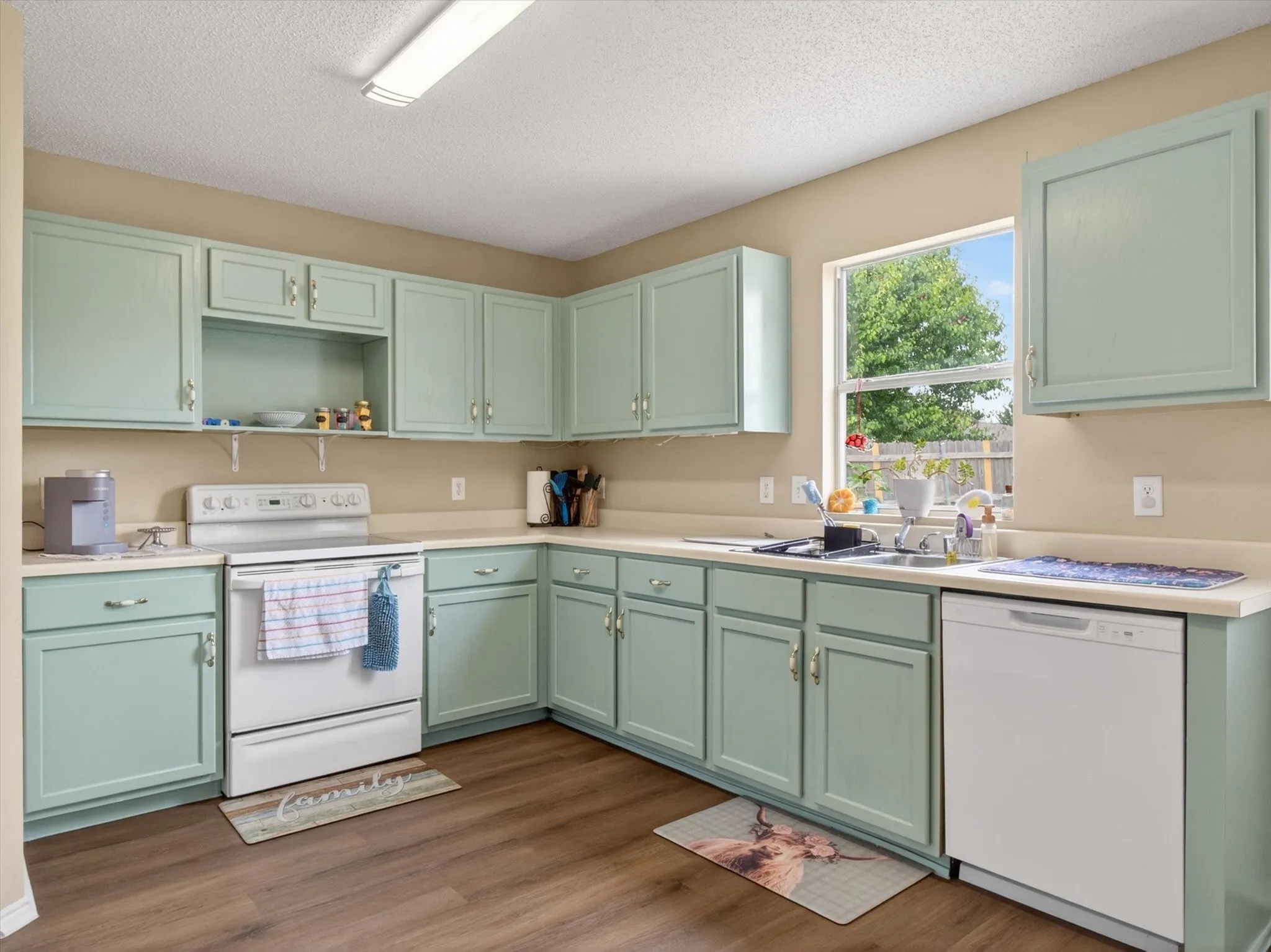 Kitchen featuring teal cabinetry, wood-finish flooring, white countertops, a double basin sink, and a white dishwasher