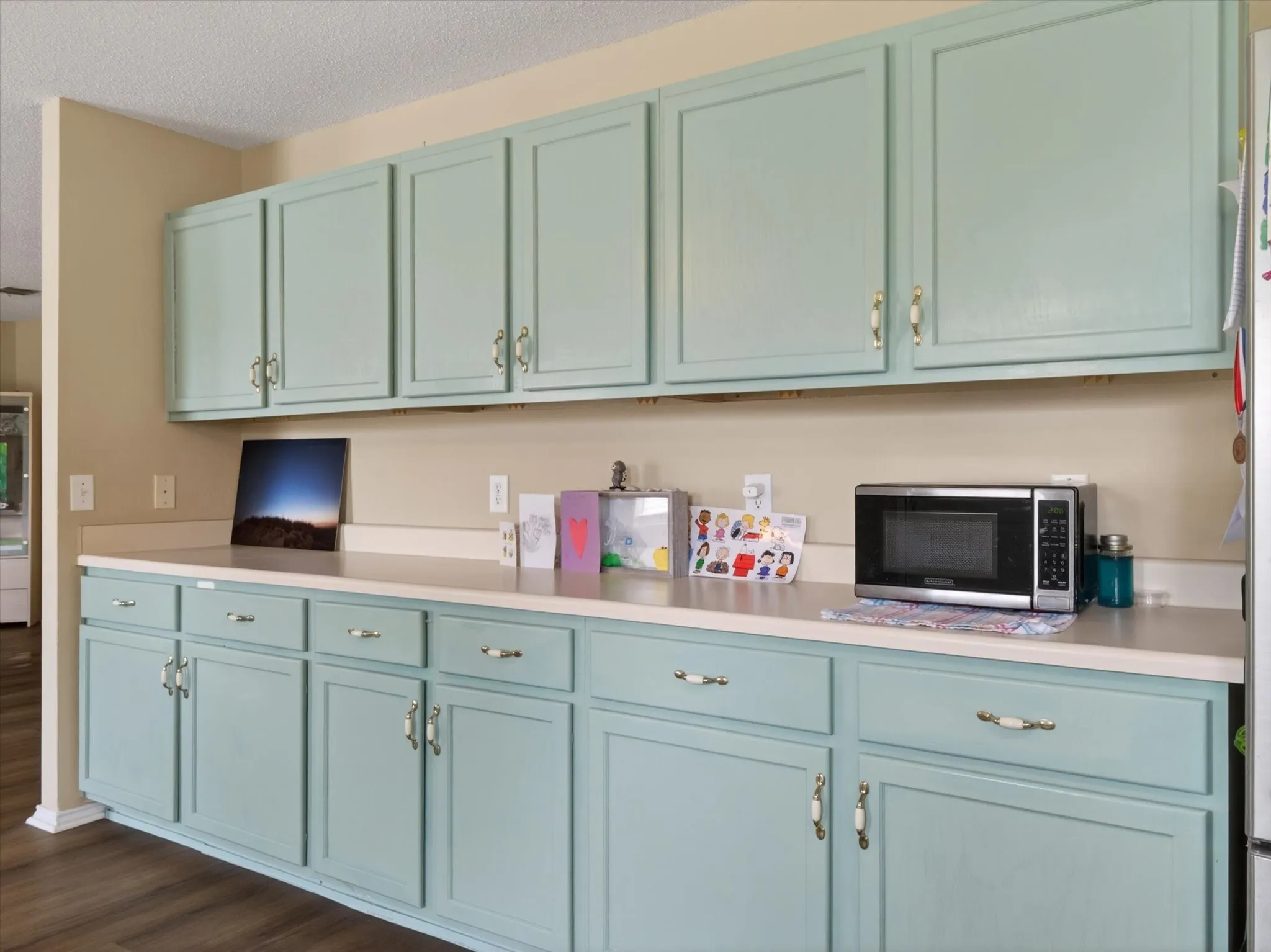 Extensive cabinetry featuring a light blue finish and polished brass hardware