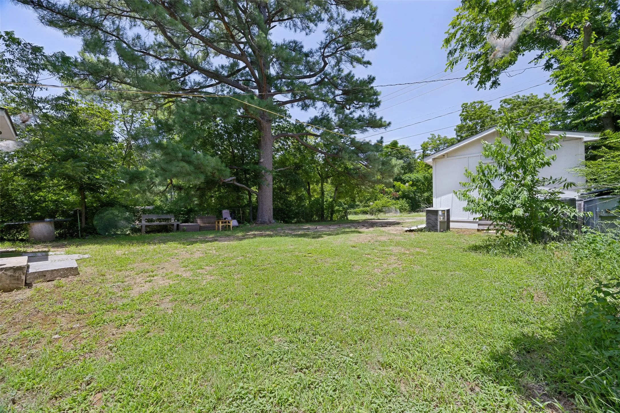 Expansive grassy backyard featuring mature trees, a white-sided outbuilding, and concrete steps