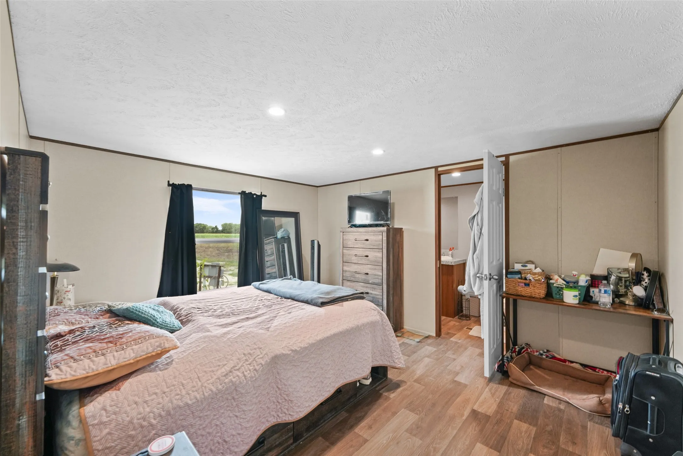 Spacious room featuring wood-finish flooring, recessed lighting, a large window, and an en-suite bathroom with a vanity