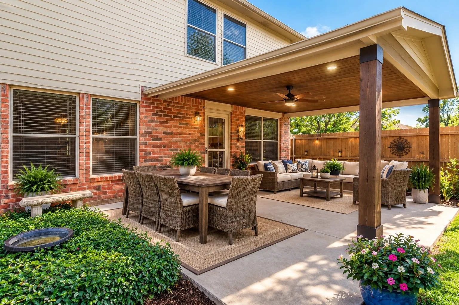 OUTDOOR LIVING POTENTIAL! Imagine transforming this spacious backyard patio into your own covered outdoor living and entertaining space. With plenty of room for comfortable seating, outdoor dining and grilling, this backyard offers the opportunity to create an inviting extension of the home for weekend cookouts, morning coffee or relaxing evenings outside. The fenced yard, established landscaping and corner lot add to the appeal—and with NO HOA, you'll have more freedom to personalize the outdoor space to fit your lifestyle.Virtually enhanced to illustrate the potential addition of a covered patio. Covered patio is not currently installed.