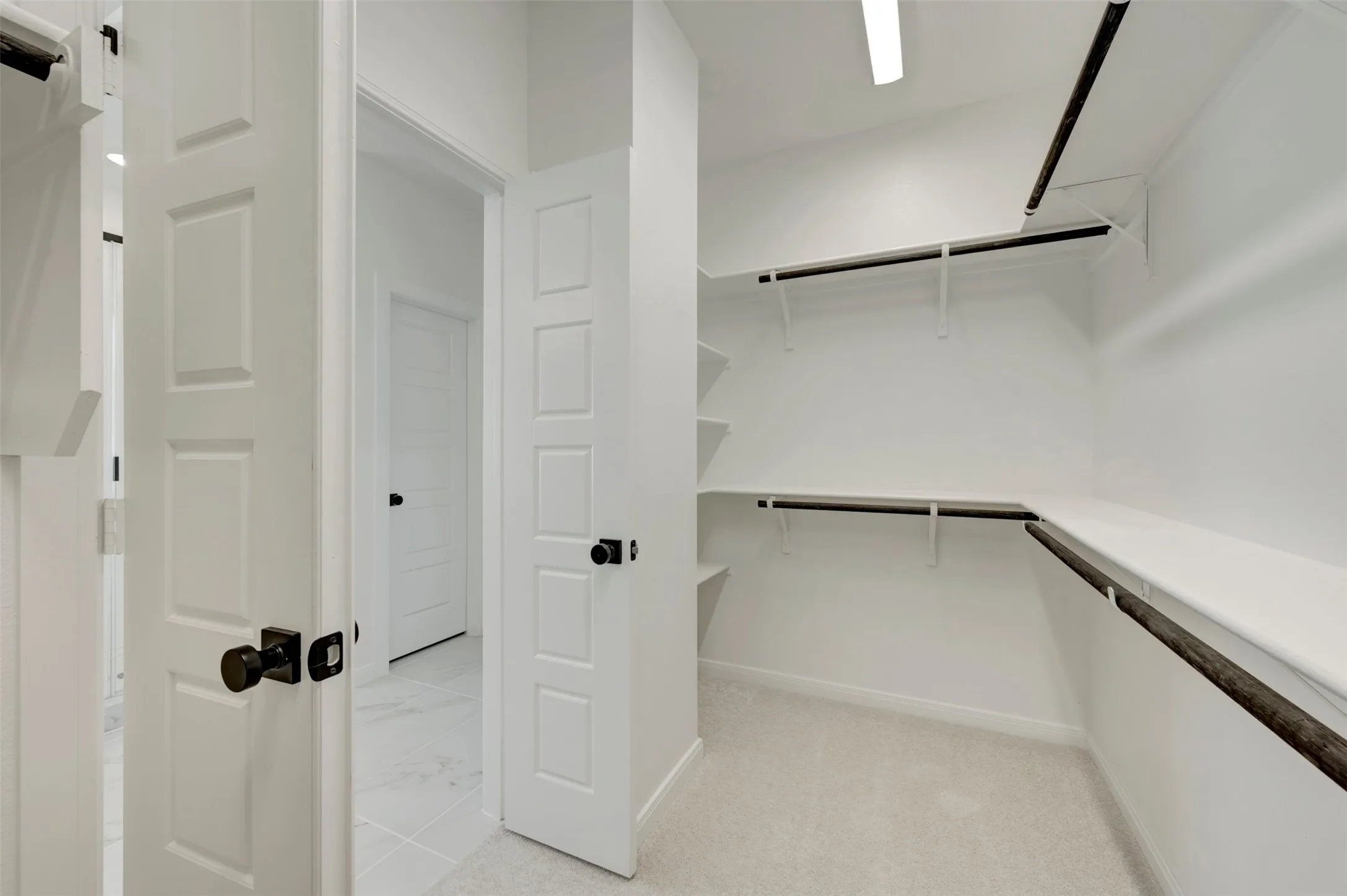 Walk-in closet with carpet flooring, integrated shelving, and multiple hanging rods