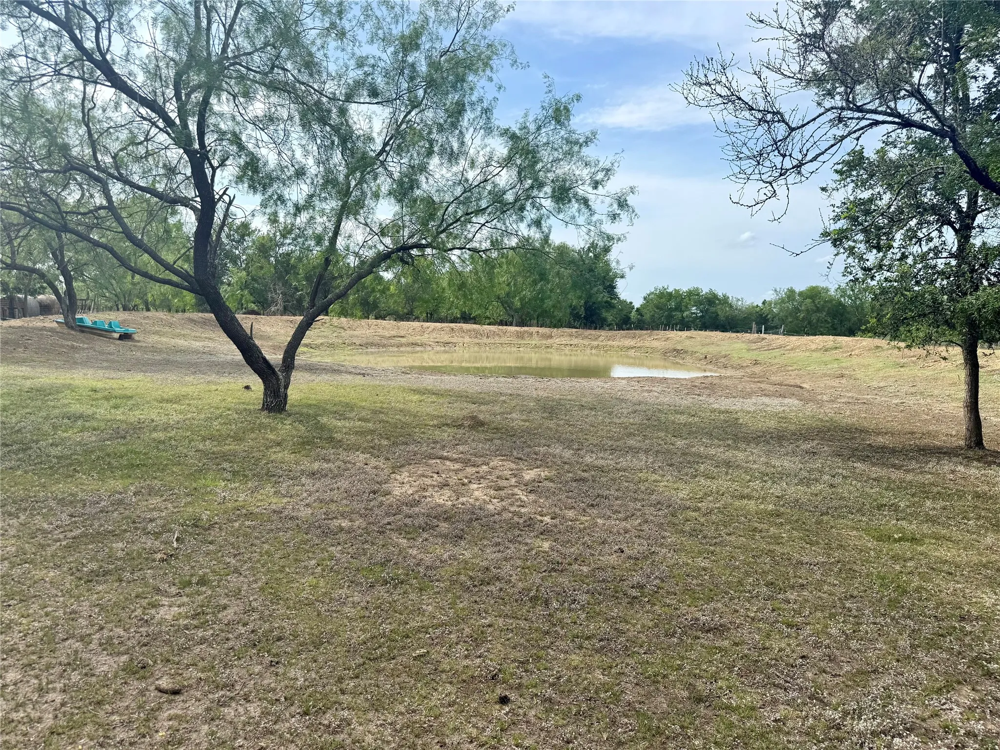 Expansive natural landscape featuring a small pond, mature trees, and open grassy areas, bordered by distant greenery