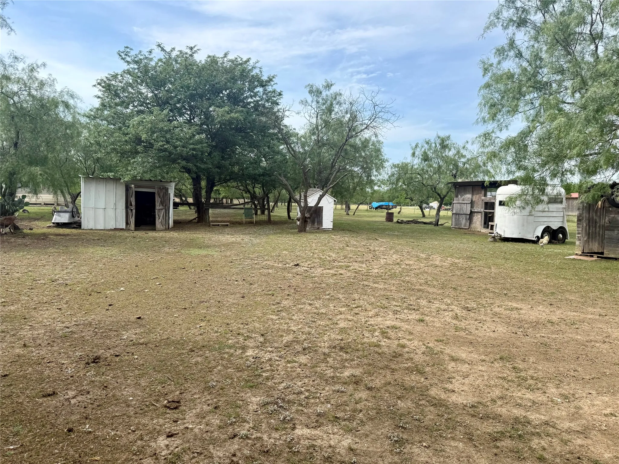 Expansive outdoor area featuring mature trees and multiple outbuildings