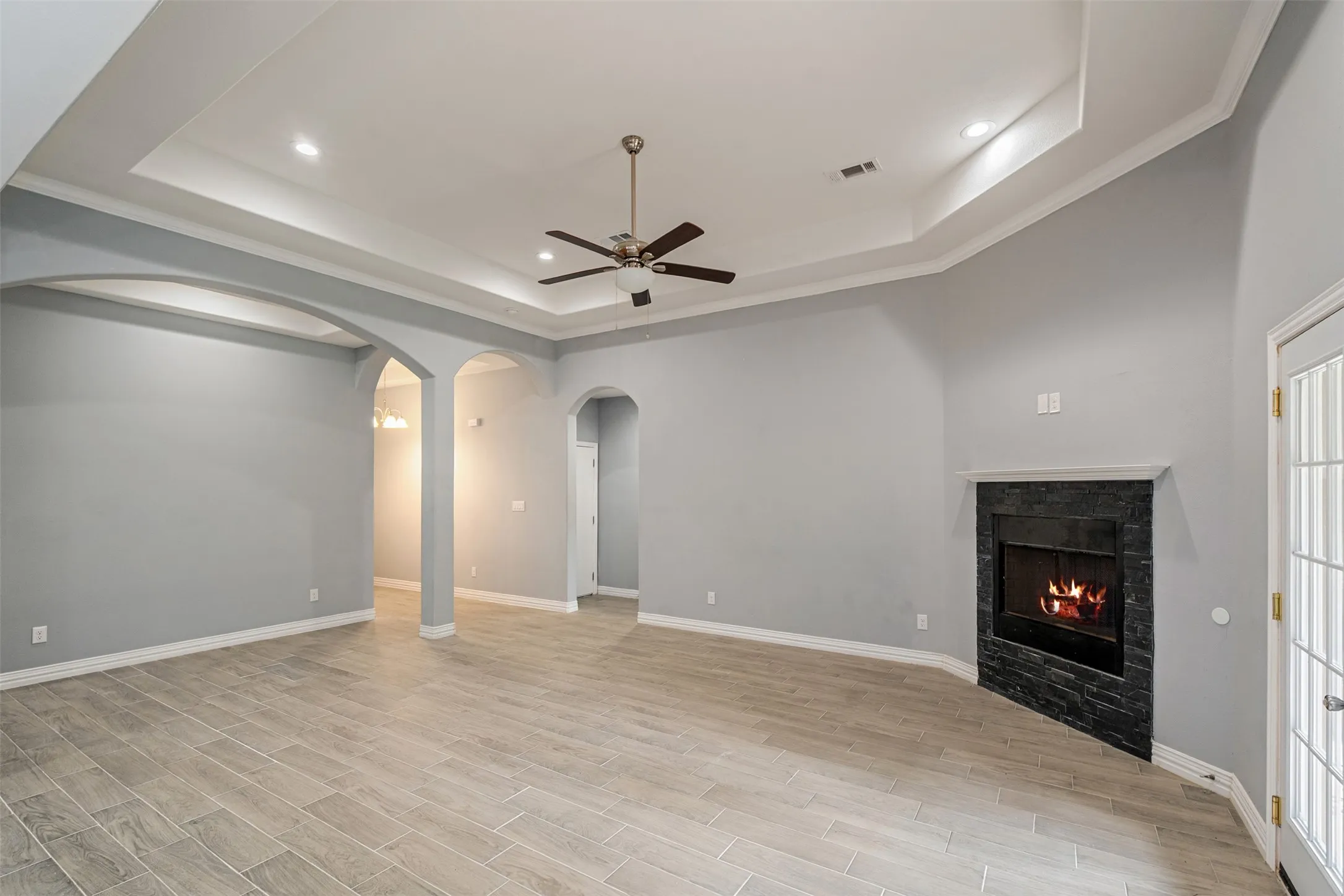 Living room with wood burning fireplace