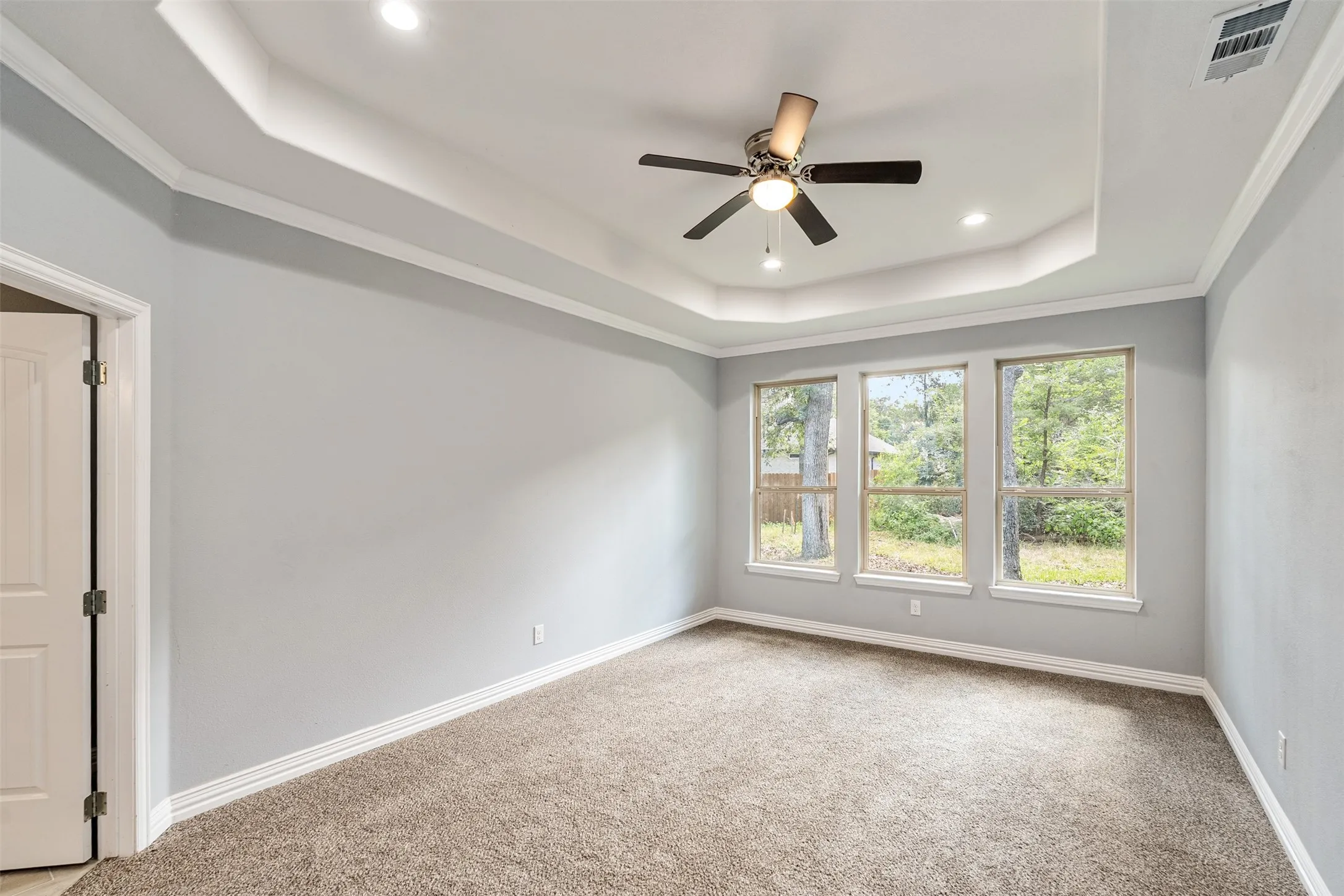 Primary bedroom with tray ceiling