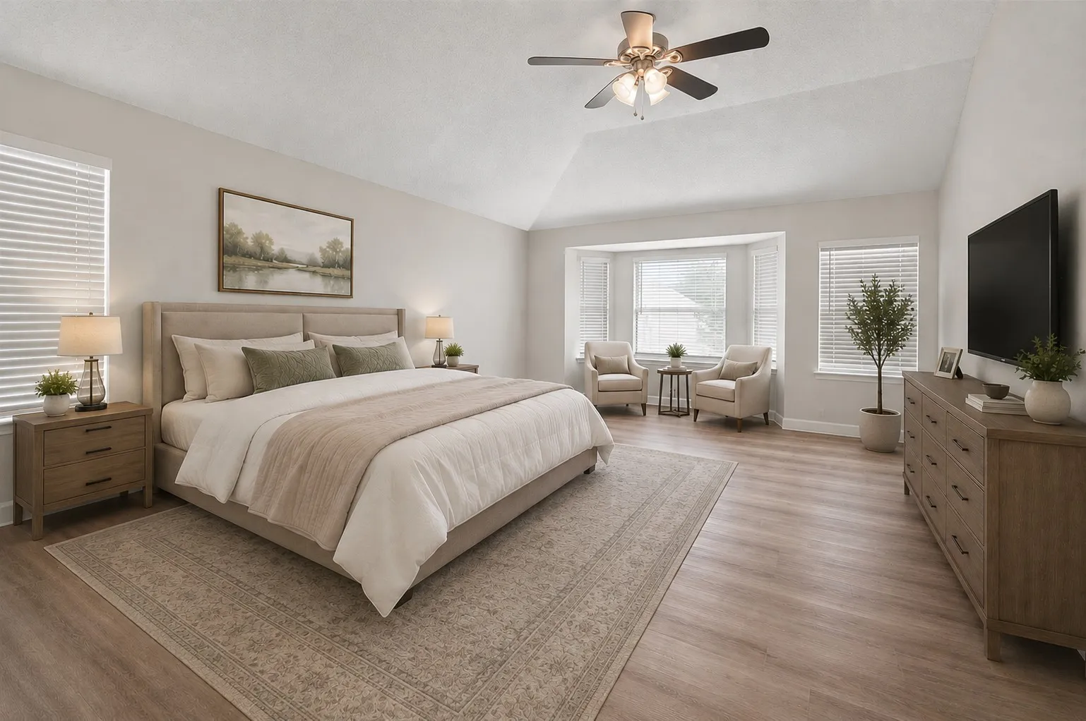 Large primary bedroom with room for a sitting area. Virtually staged.