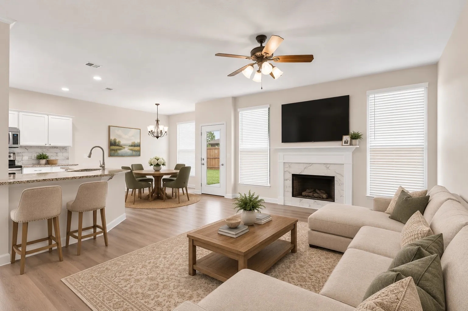 Open floor plan living room, kitchen and breakfast area.  Virtually staged to give visual of possibilities.
