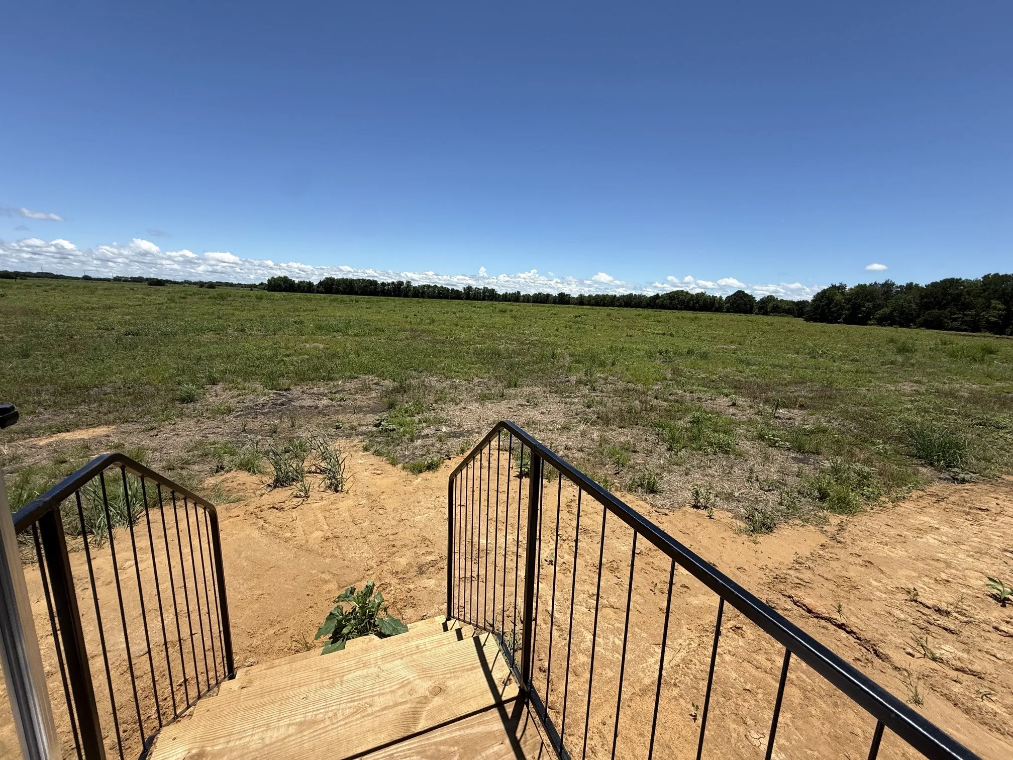 Expansive land parcel featuring natural ground cover, a tree line horizon, and clear sky